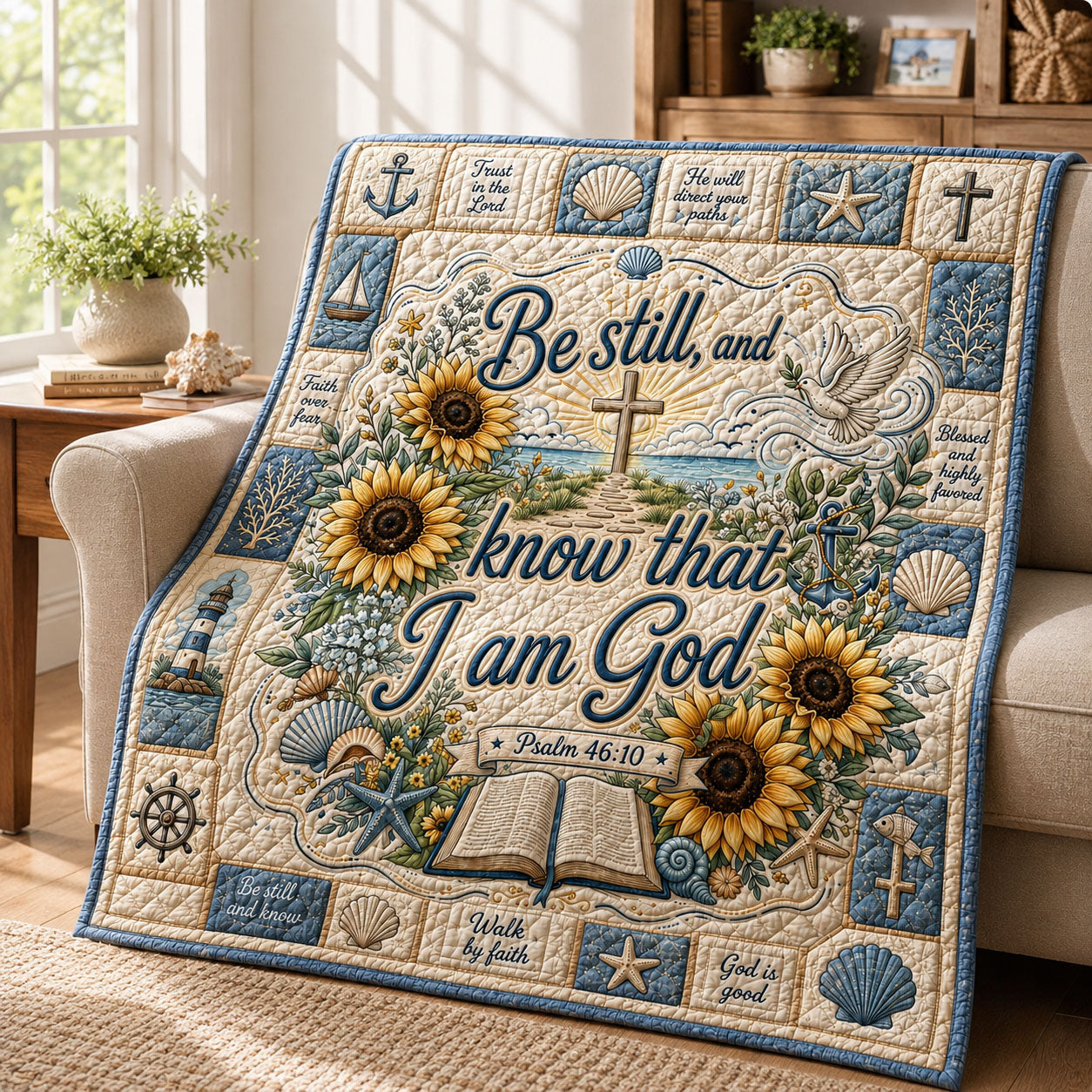 Sunflower Shore Vintage Christian Quilted Blanket GFTOHNL408