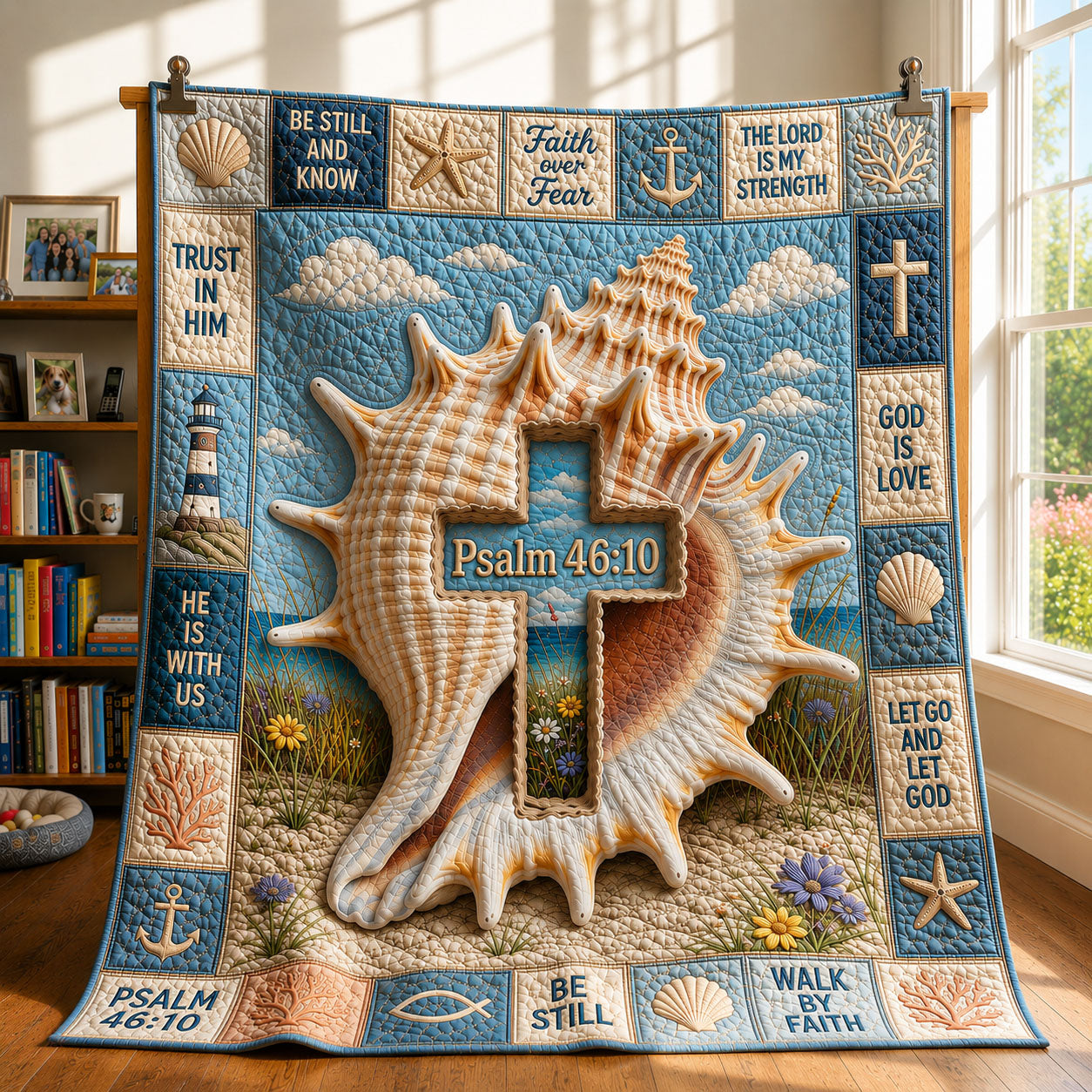 Seashell Cross Christian Quilted Blanket GFTOHNL410
