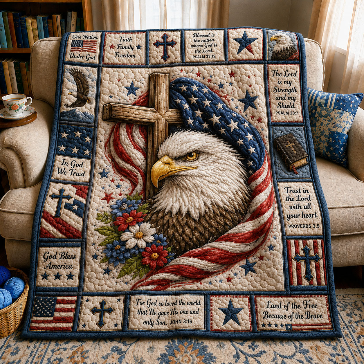 Patriotic Eagle Cross Quilted Blanket GFTOHNL412