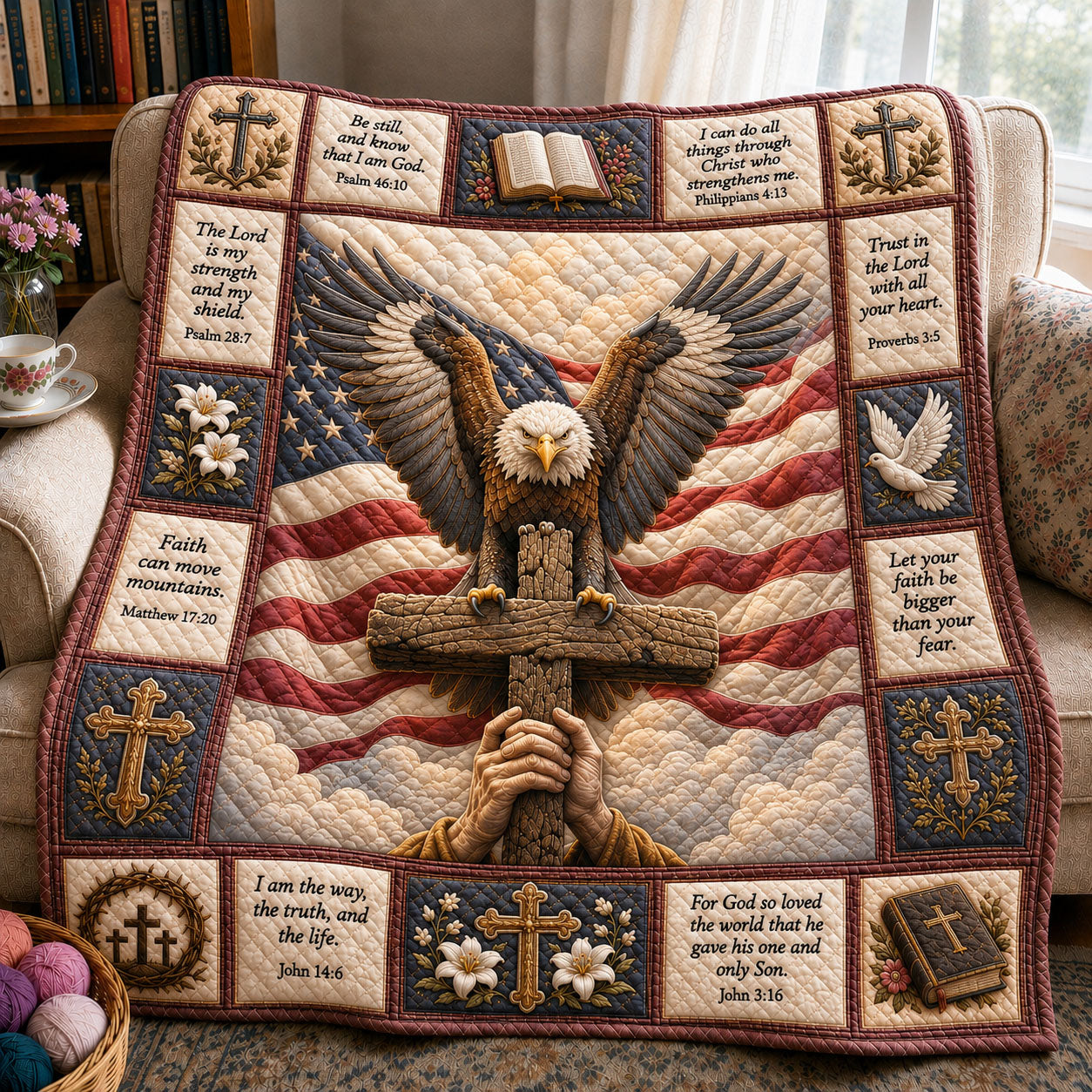 Cross and Eagle Faith Quilted Blanket GFTOHNL415