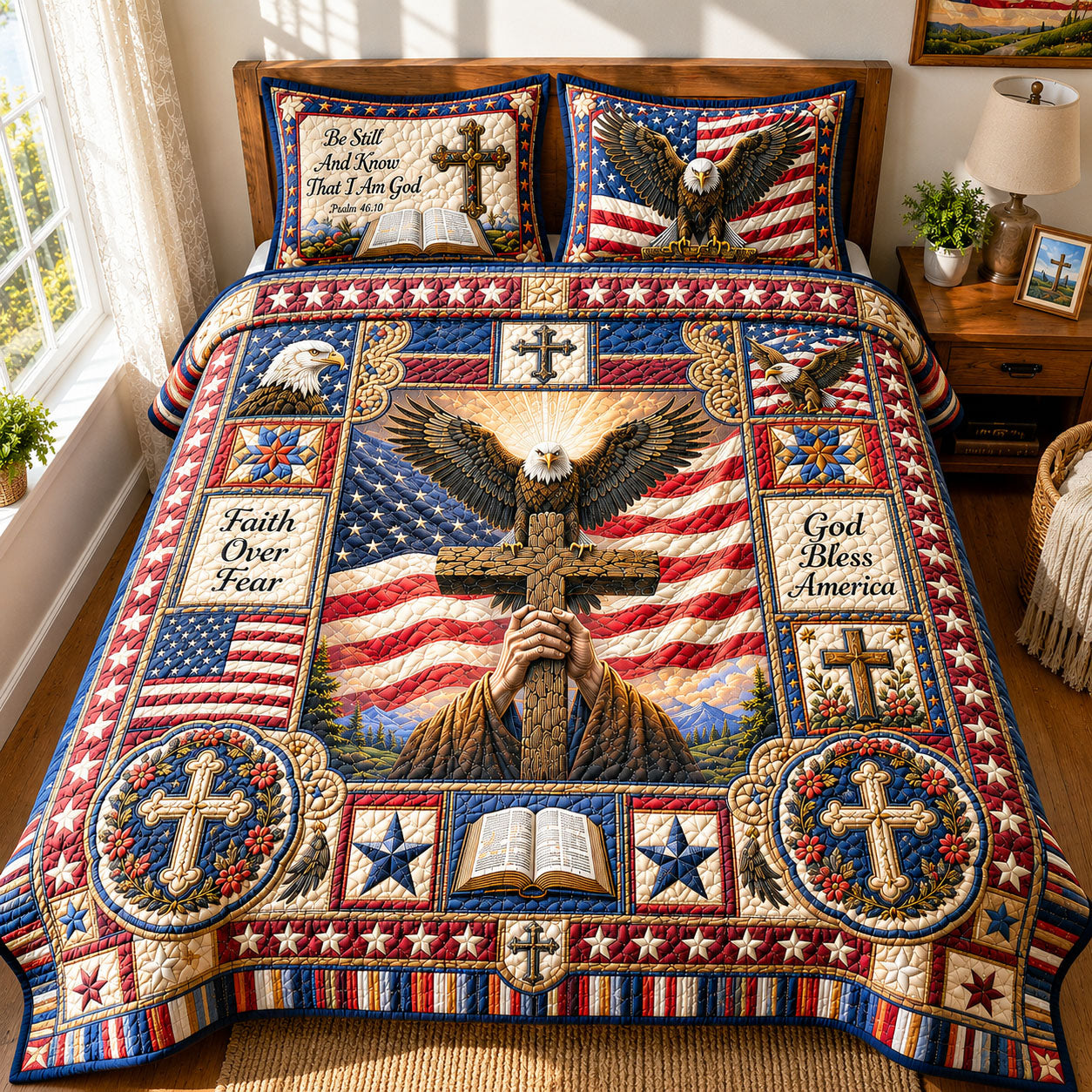 Cross of Courage Christian 3-Piece Quilted Bedding Set GFTOHNL422