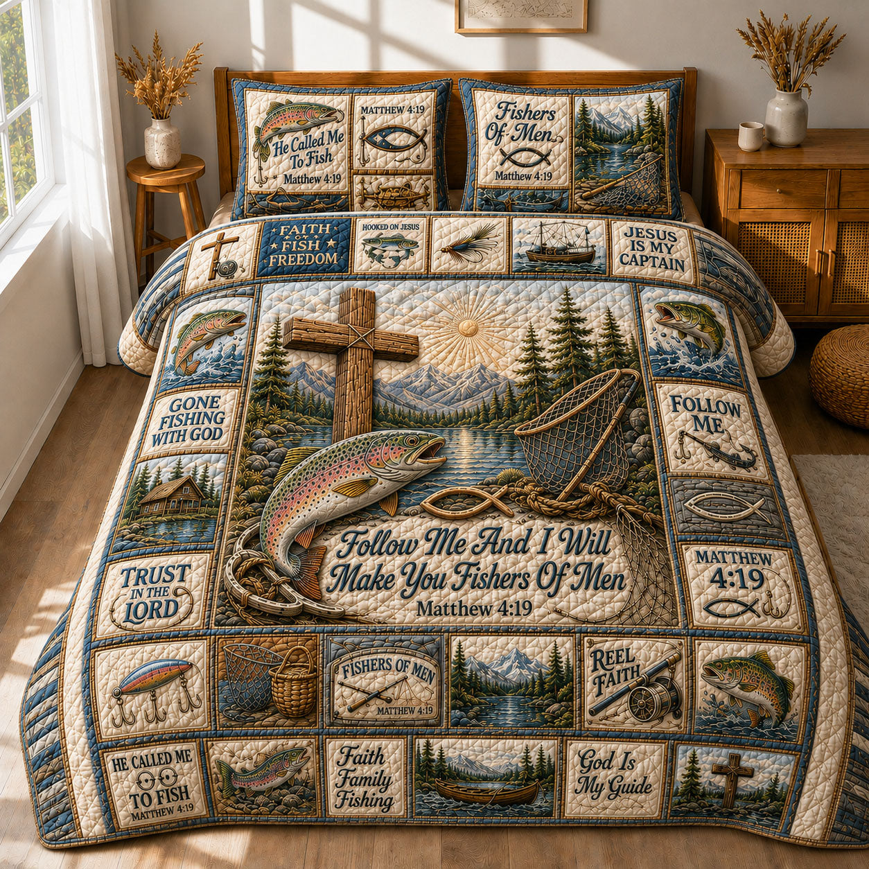 Follow Me Christian Fishing 3-Piece Quilted Bedding Set GFTOHNL425