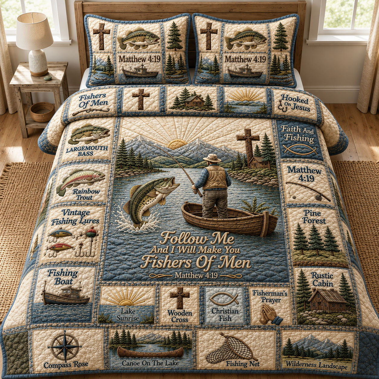 Matthew 4 19 Christian Fisherman 3-Piece Quilted Bedding Set GFTOHNL426