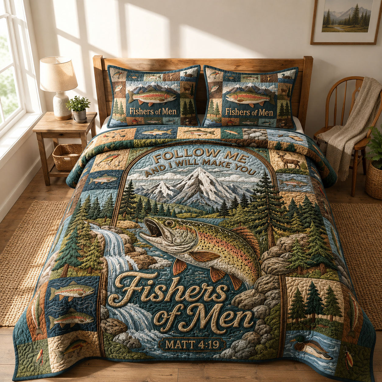 Mountain Faith Christian Fishing 3-Piece Quilted Bedding Set GFTOHNL427