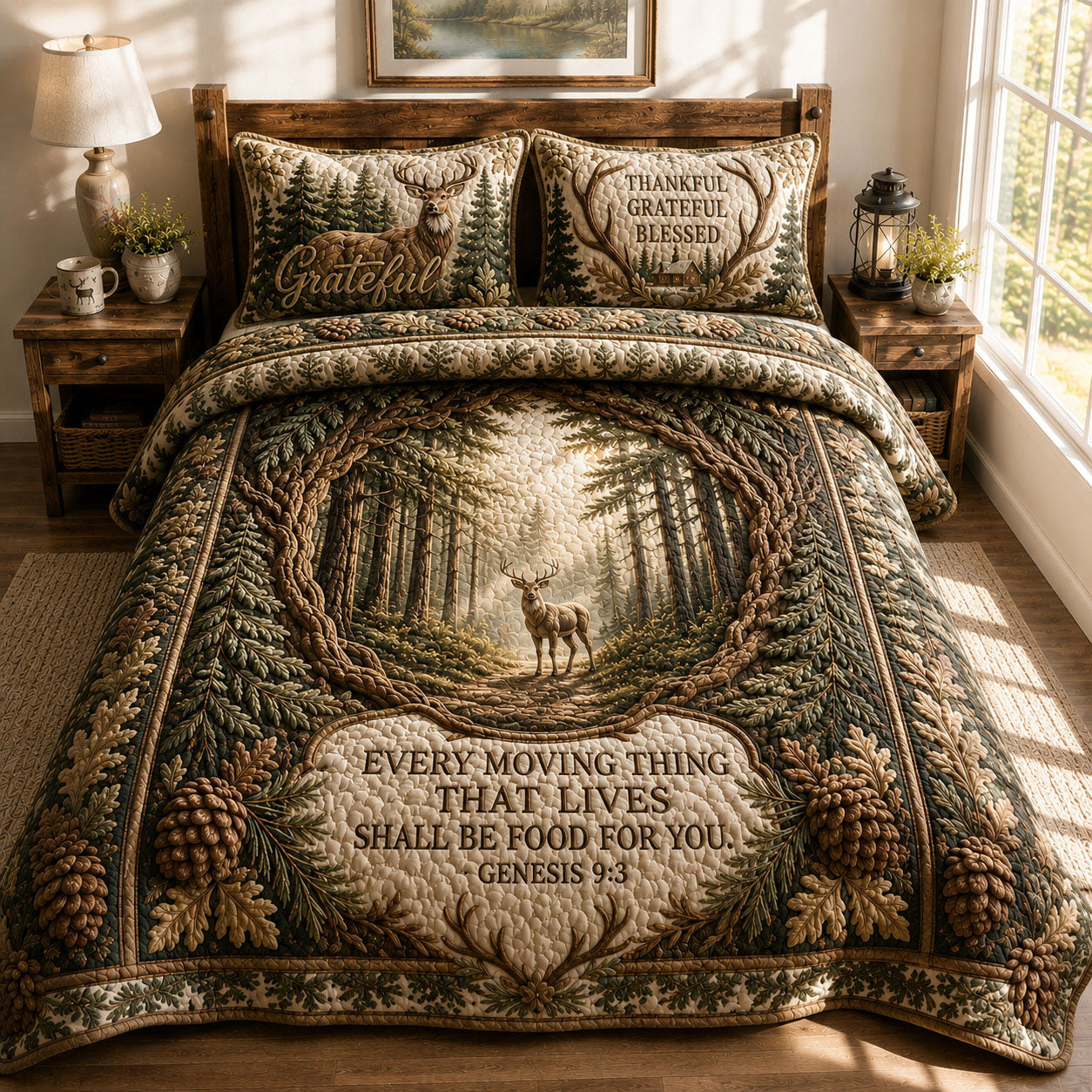 Grateful Forest Deer Scripture 3-Piece Quilted Bedding Set GFTOHNL470