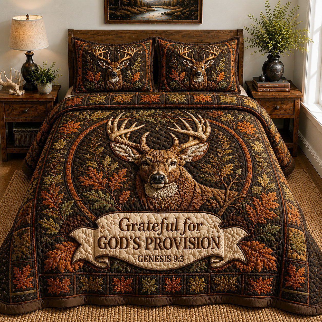 Grateful For Gods Provision Deer 3-Piece Quilted Bedding Set GFTOHNL472