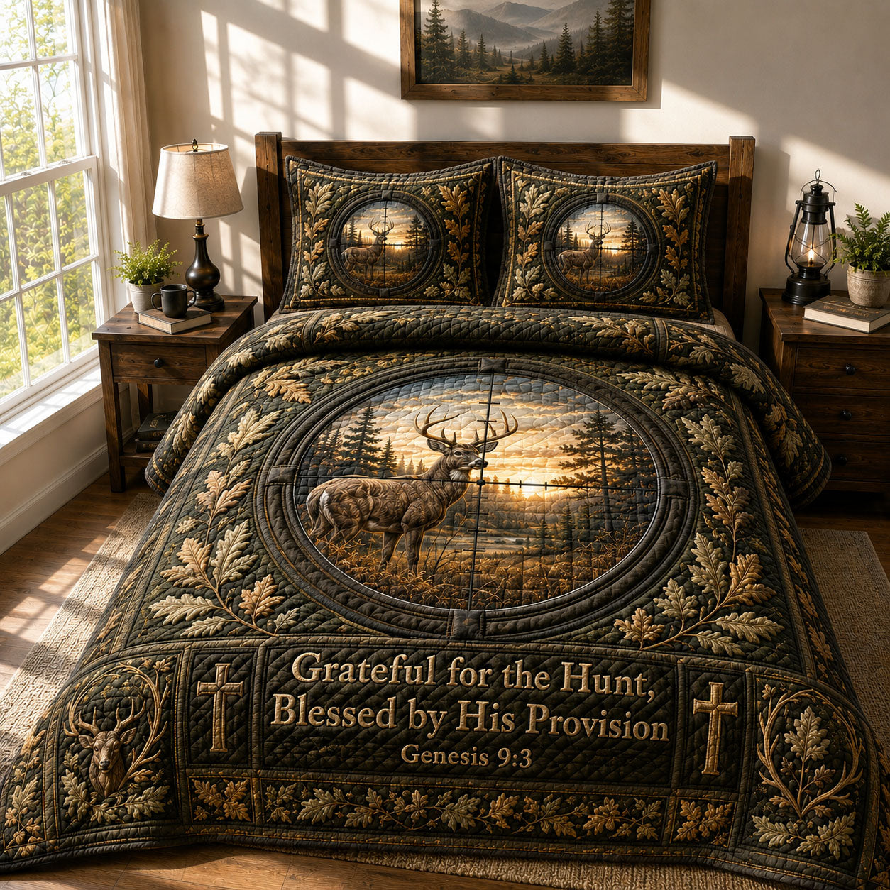 Blessed By His Provision Deer Hunt 3-Piece Quilted Bedding Set GFTOHNL473