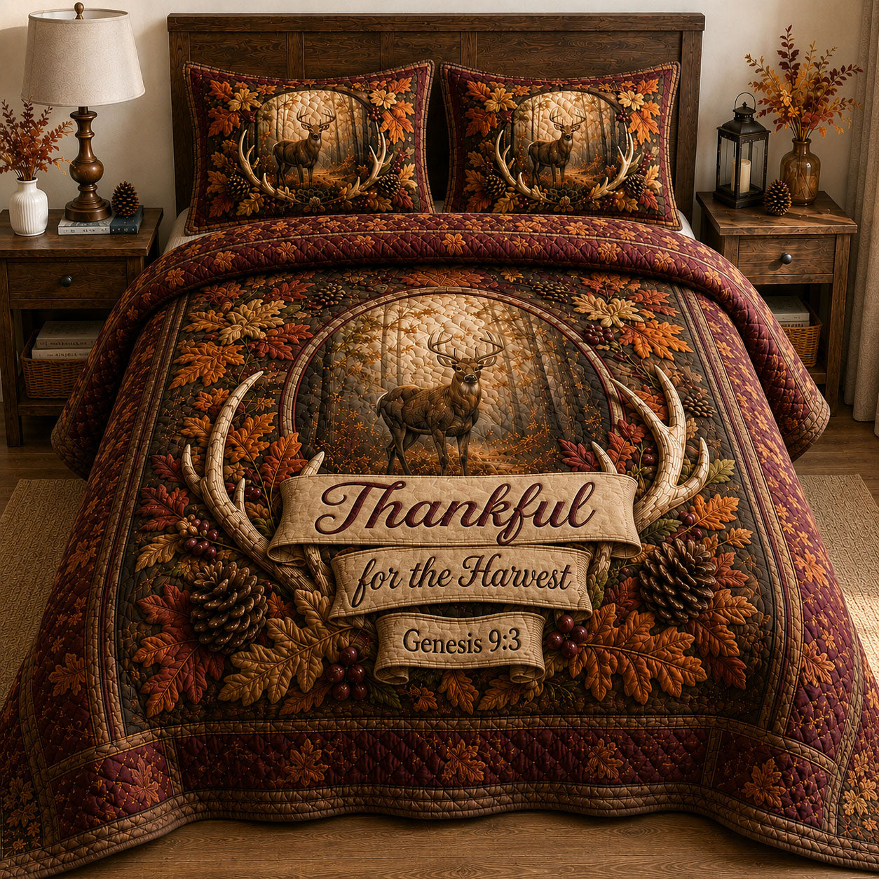 Thankful For The Harvest Deer 3-Piece Quilted Bedding Set GFTOHNL474