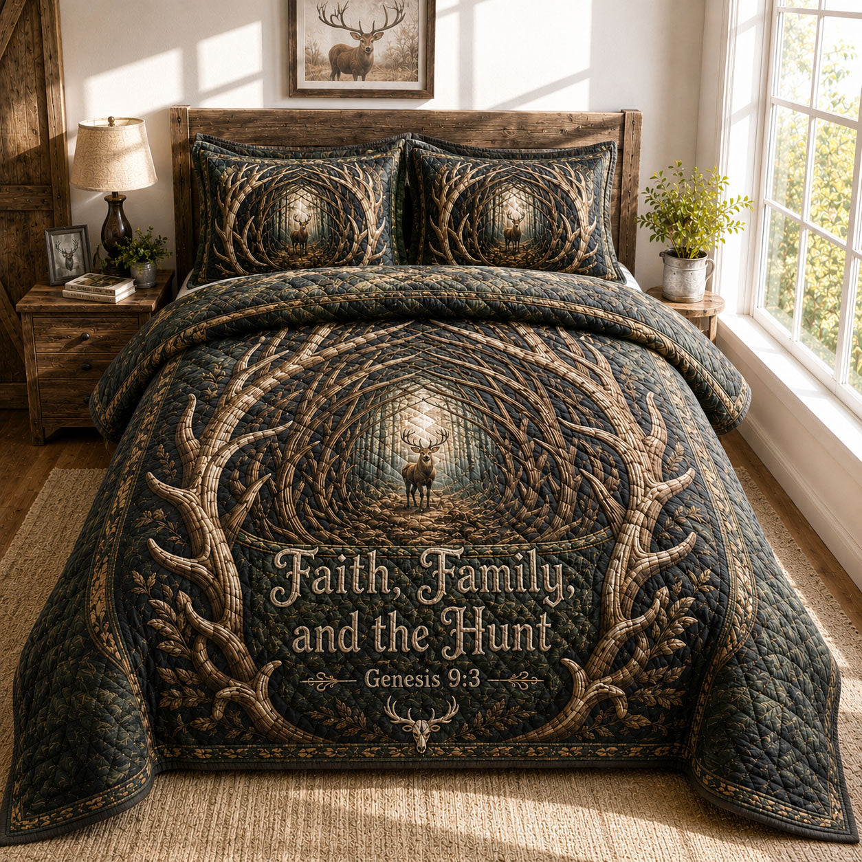 Faith Family And The Hunt Deer 3-Piece Quilted Bedding Set GFTOHNL475