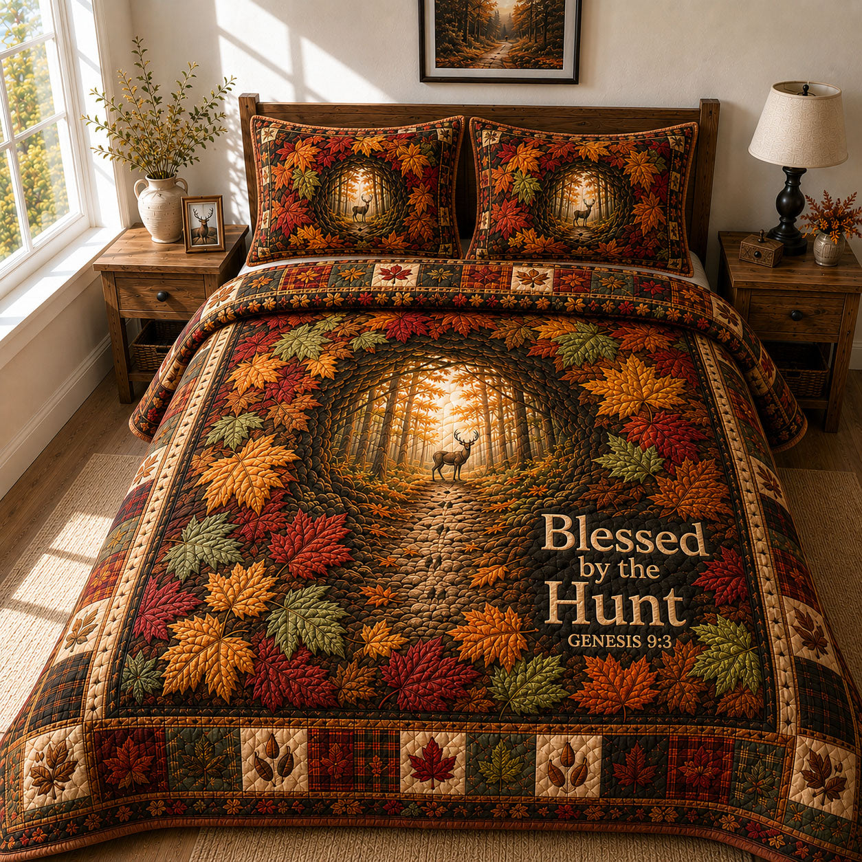 Blessed By The Hunt Autumn Forest 3-Piece Quilted Bedding Set GFTOHNL477