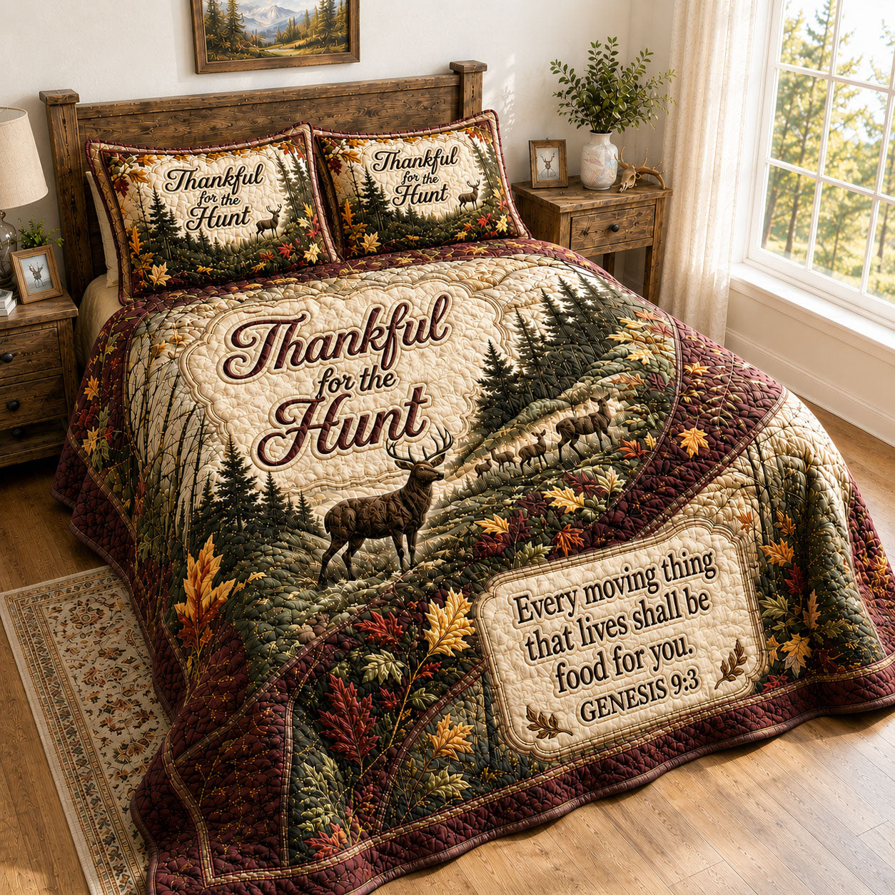 Thankful For The Hunt Scripture 3-Piece Quilted Bedding Set GFTOHNL480