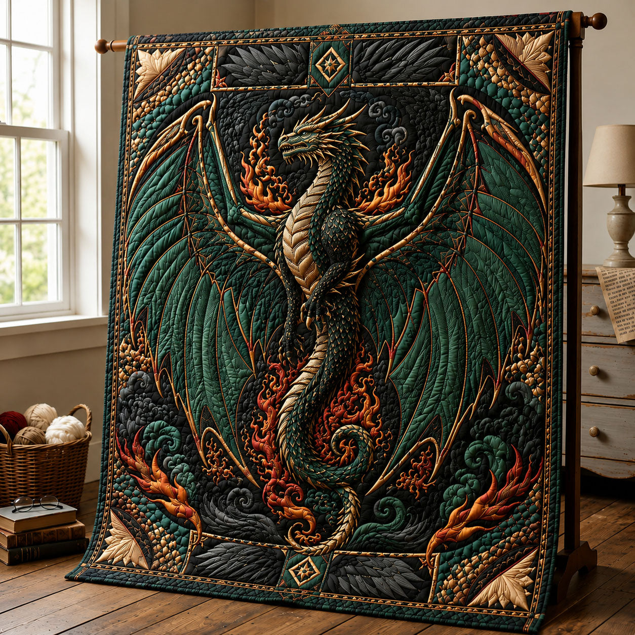 Emerald Flame Dragon Quilted Blanket GFTOHNL507