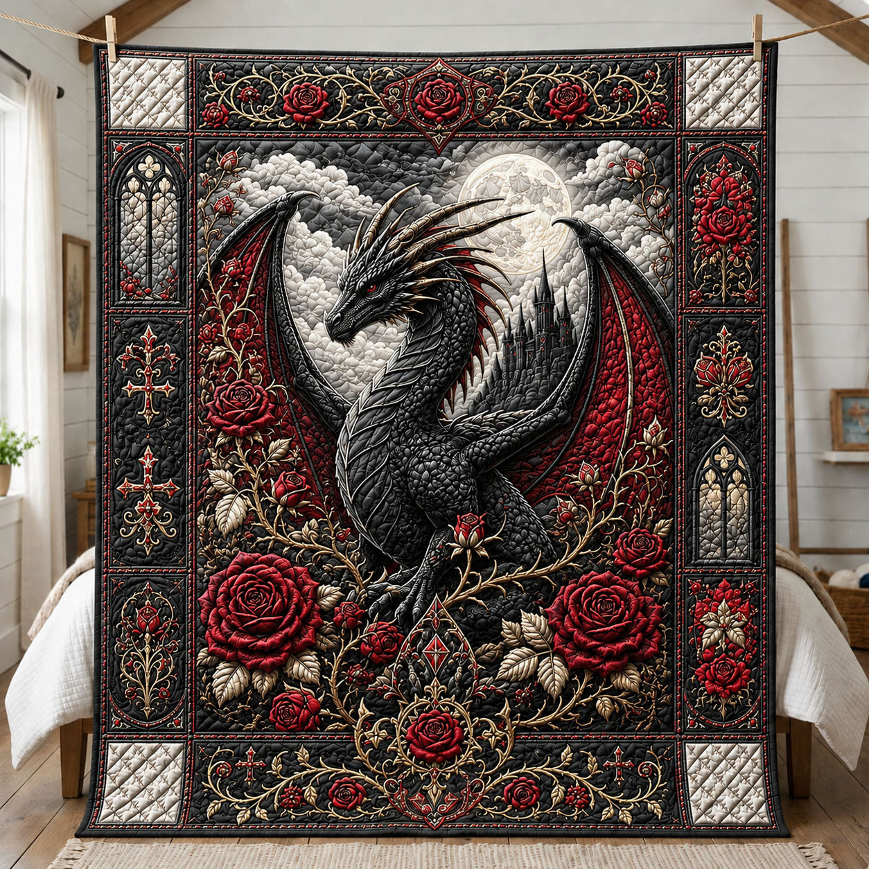 Gothic Rose Dragon Quilted Blanket GFTOHNL508