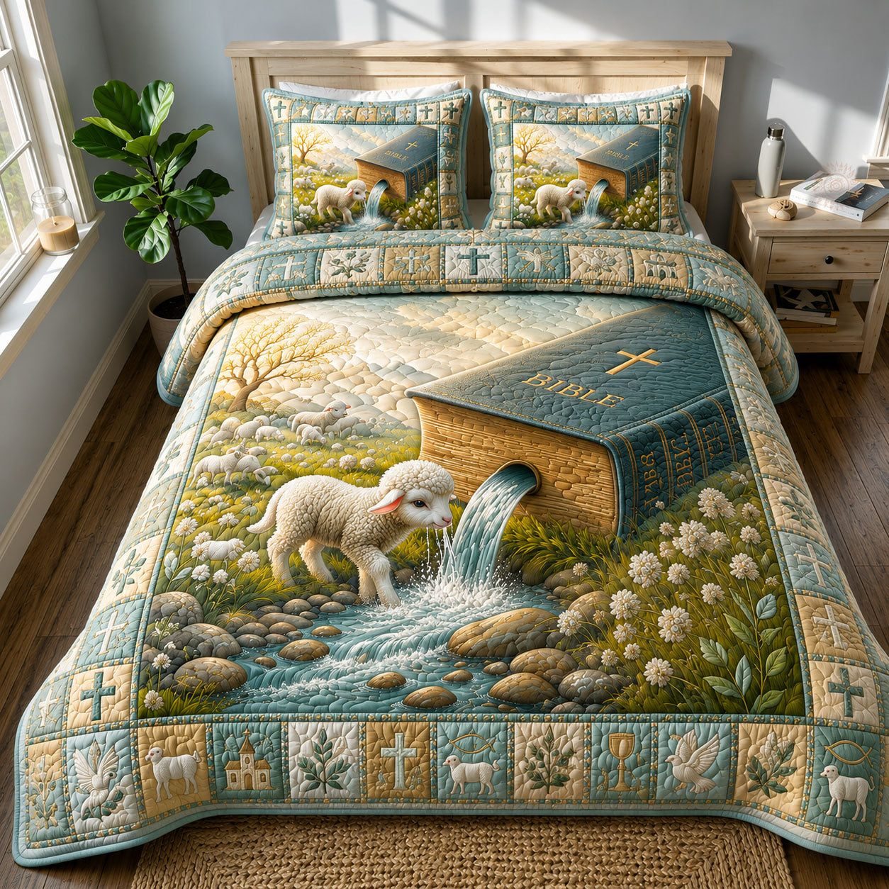 Living Water Lamb 3-Piece Quilted Bedding Set GFTOHNL516
