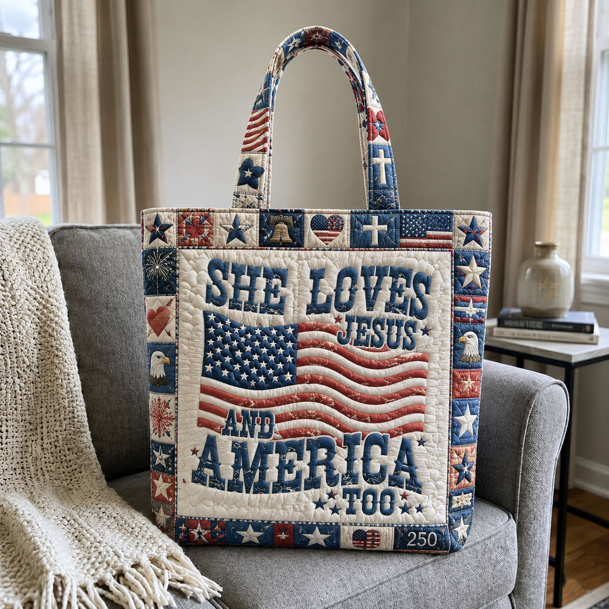 She Loves Jesus And America Too American Flag Quilted Tote Bag GFTOHNL562