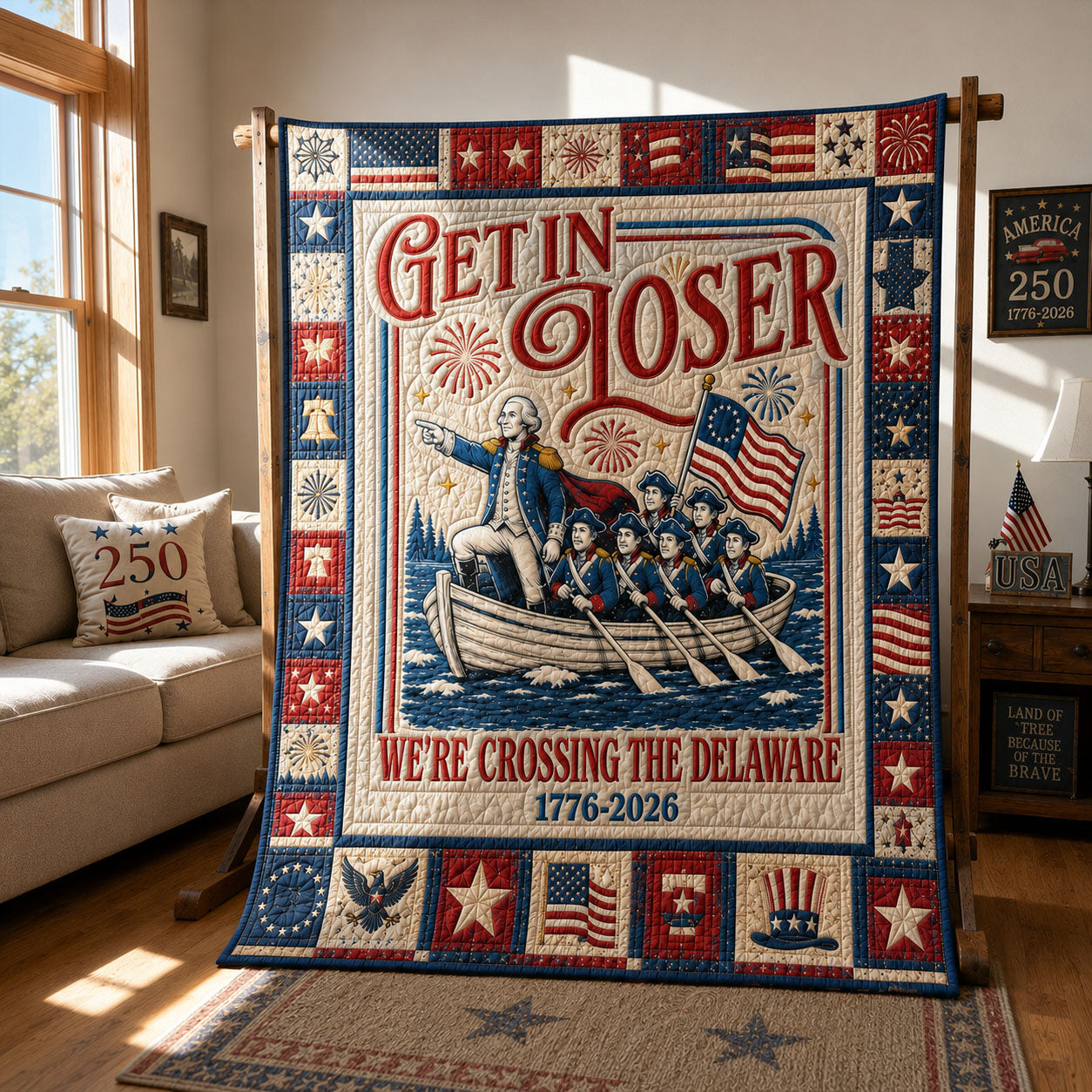 Get In Loser 250th Anniversary Delaware Crossing Quilted Blanket GFTOHNL570