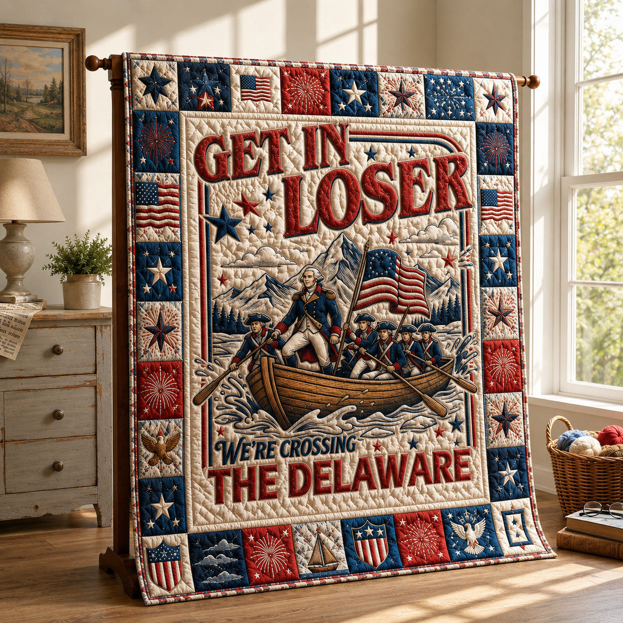 Get In Loser Washington Crossing Patriotic Quilted Blanket GFTOHNL571
