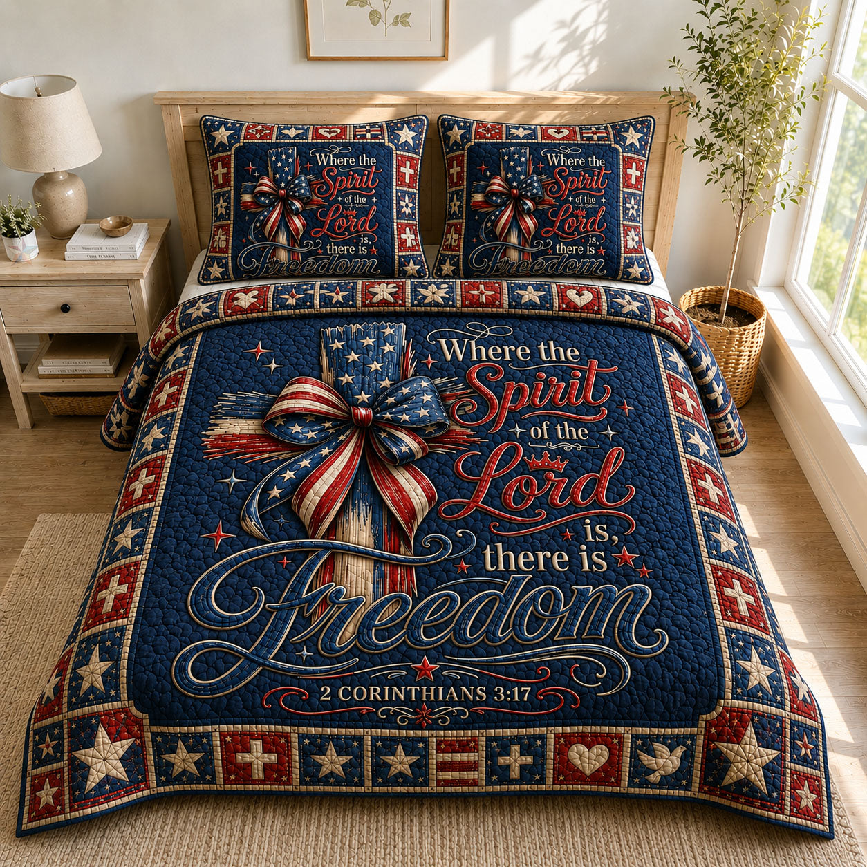 Spirit Of The Lord Freedom Cross 3-Piece Quilted Bedding Set GFTOHNL629