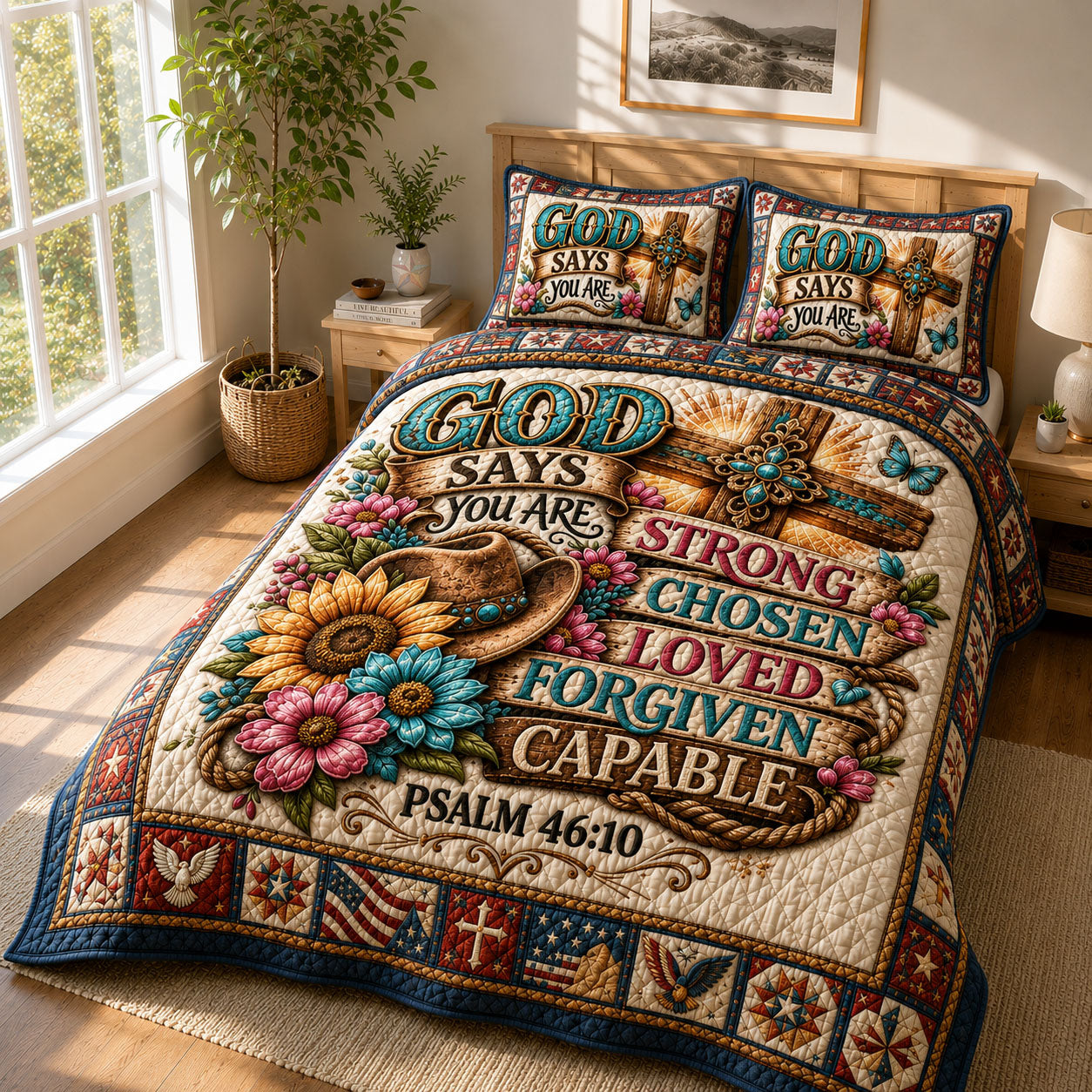 God Says You Are Strong Chosen Loved 3-Piece Quilted Bedding Set GFTOHNL630