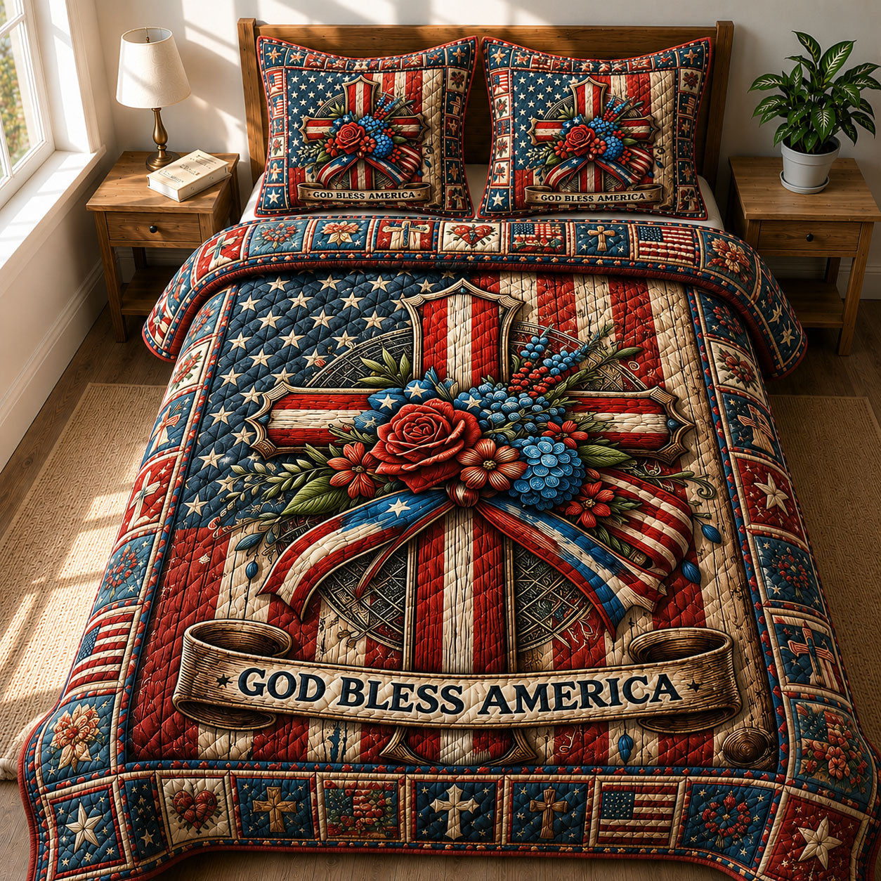 God Bless America Patriotic Cross 3-Piece Quilted Bedding Set GFTOHNL633