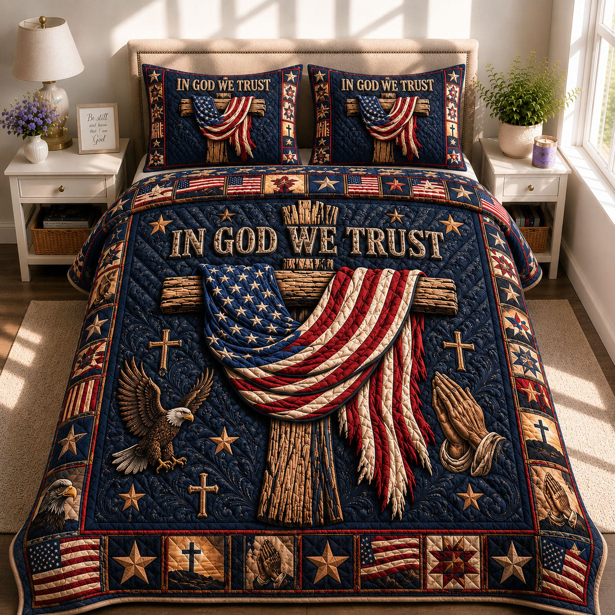 In God We Trust American Flag 3-Piece Quilted Bedding Set GFTOHNL634