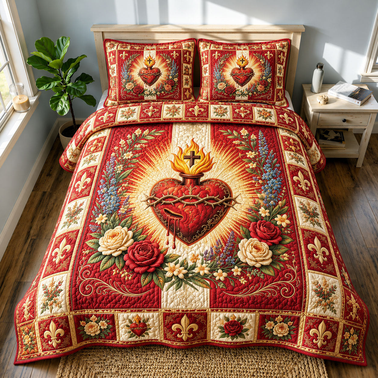 Floral Sacred Heart Crimson 3-Piece Quilted Bedding Set GFTOHNL735