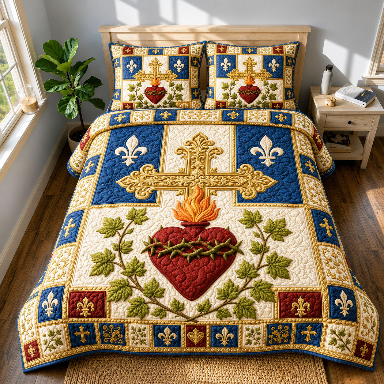 Royal Fleur De Lis Sacred Heart 3-Piece Quilted Bedding Set GFTOHNL737