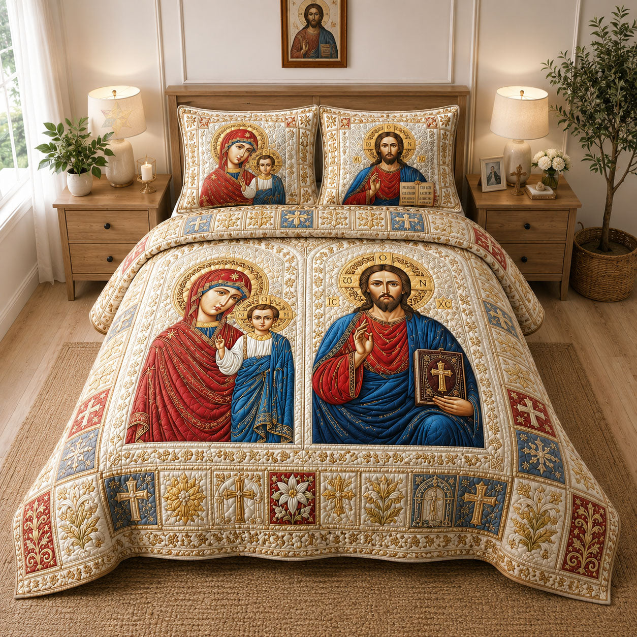 Christ And Theotokos Byzantine Icon 3-Piece Quilted Bedding Set GFTOHNL739