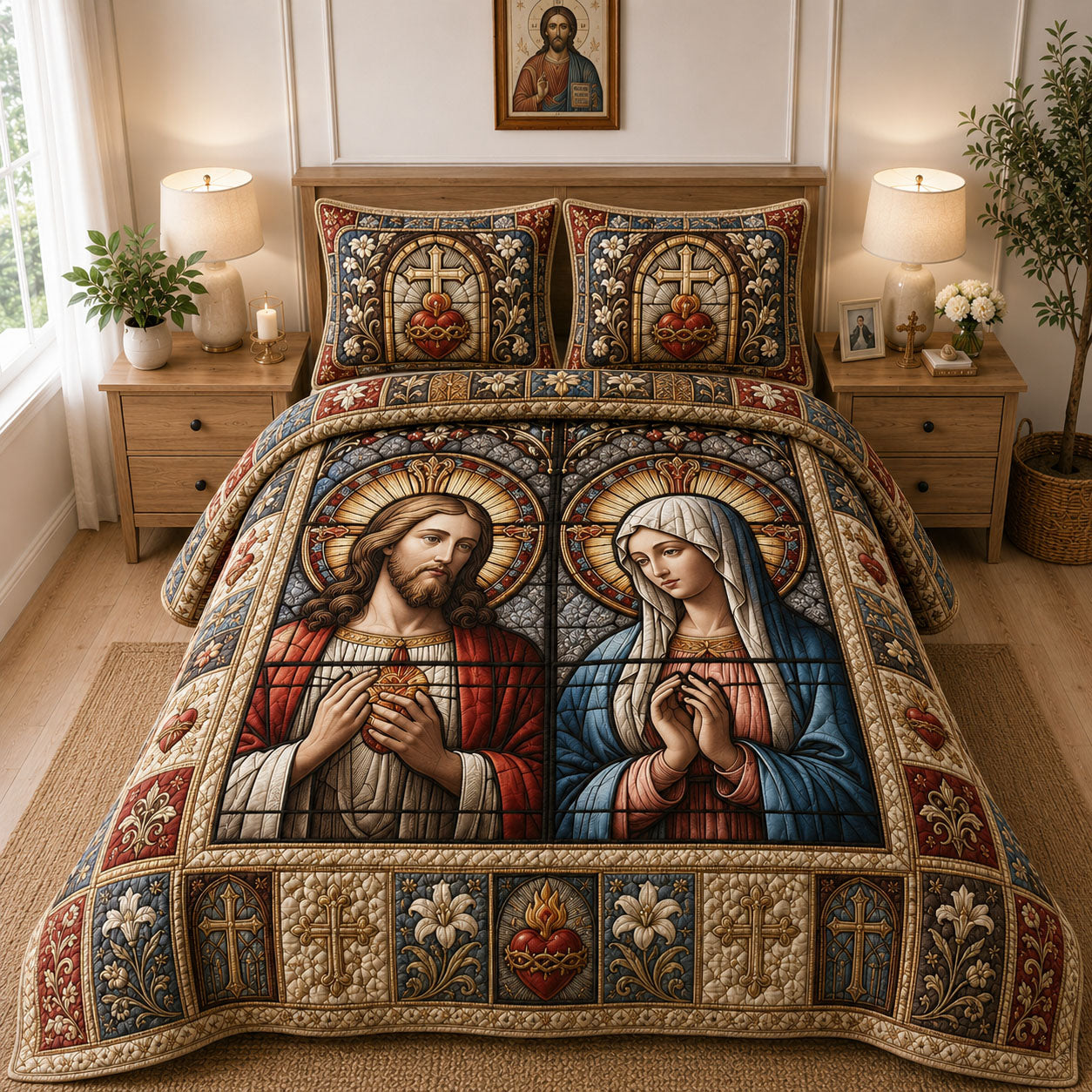 Sacred Hearts Of Jesus And Mary Stained 3-Piece Quilted Bedding Set GFTOHNL742