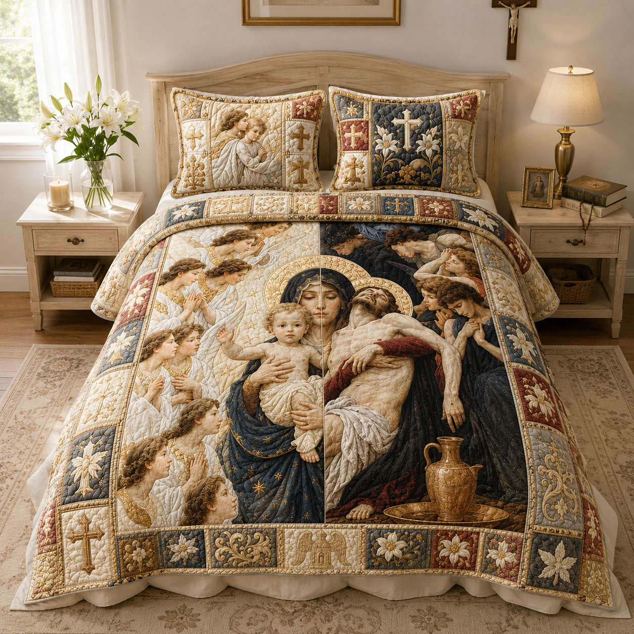 Mater Dolorosa Pieta with Angels Heirloom 3-Piece Quilted Bedding Set GFTOHNL743