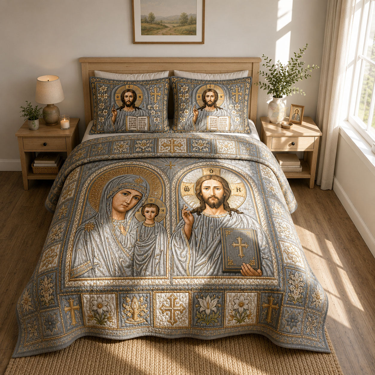 Silver Byzantine Christ And Theotokos Icon 3-Piece Quilted Bedding Set GFTOHNL744