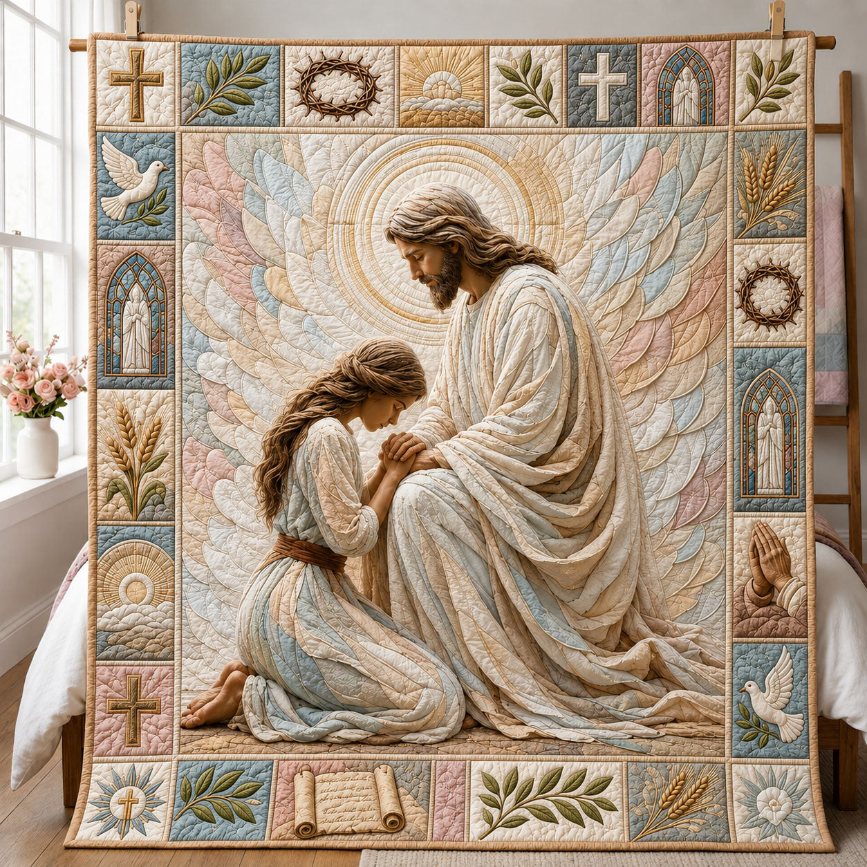 Jesus And Child In Prayer Angel Wings Quilted Blanket GFTOHNL749