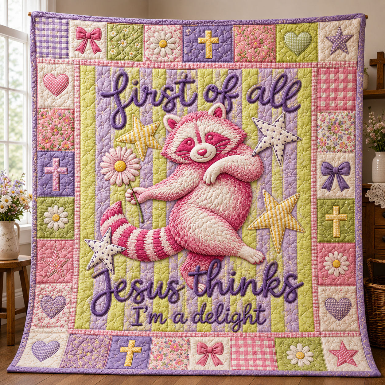 First Of All, Jesus Thinks Im A Delight Pink Raccoon Quilted Blanket GFTOHNL753