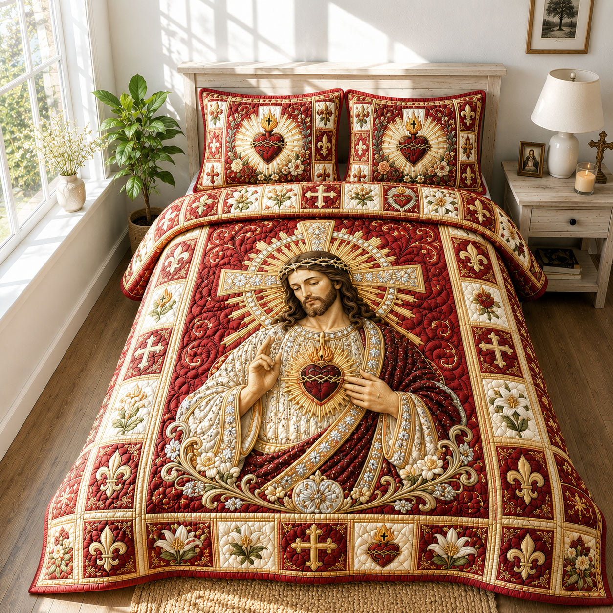 Royal Crimson Sacred Heart 3-Piece Quilted Bedding Set GFTOHNL766