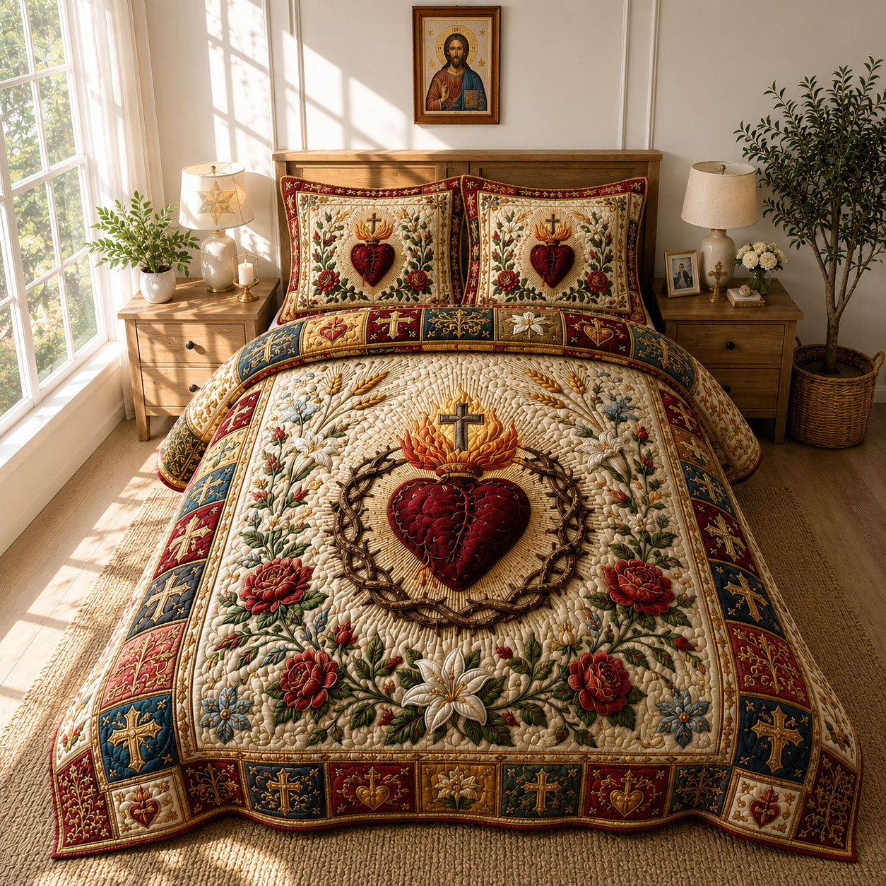 Sacred Heart Floral Devotion 3-Piece Quilted Bedding Set GFTOHNL769