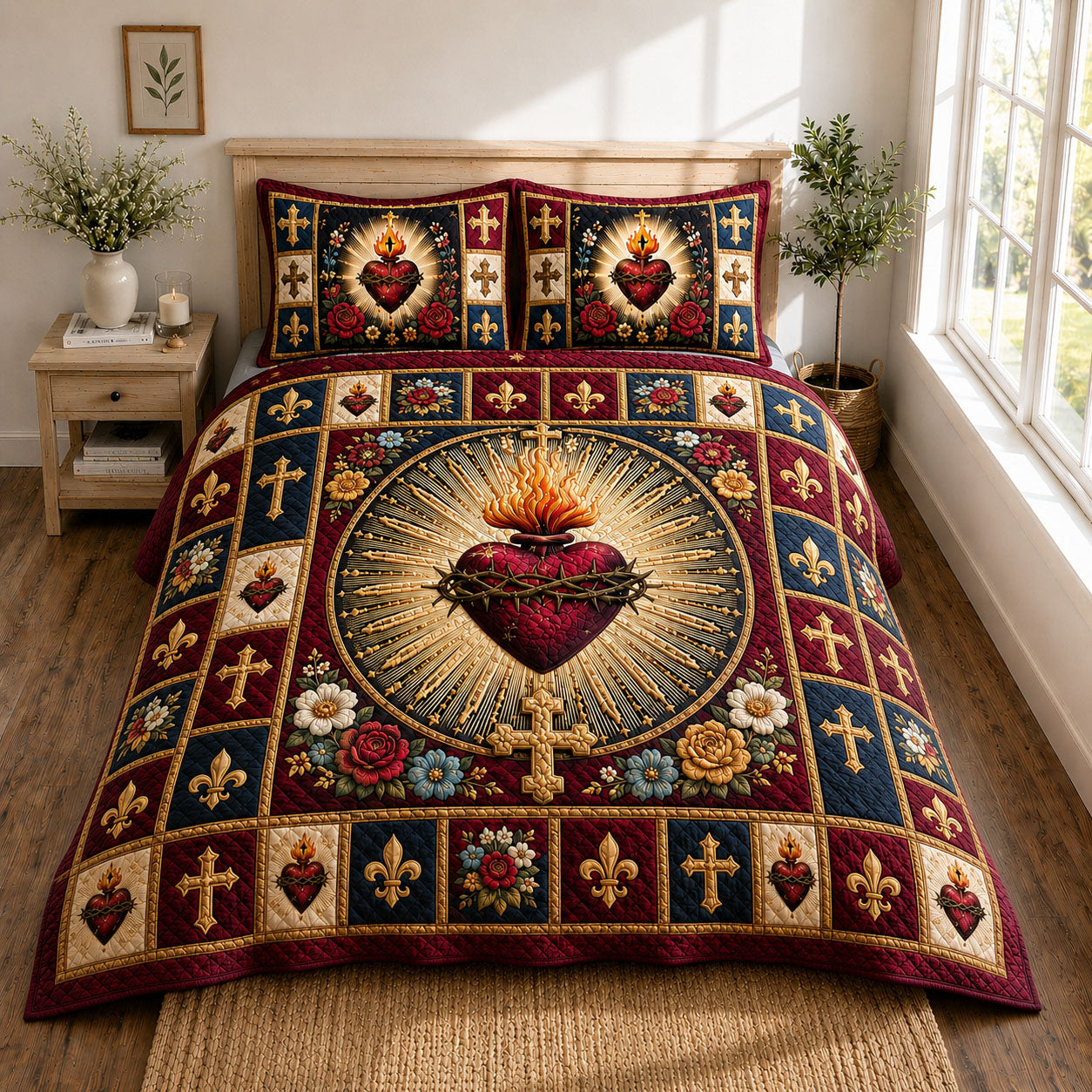 Sacred Heart Heraldic Rose 3-Piece Quilted Bedding Set GFTOHNL770