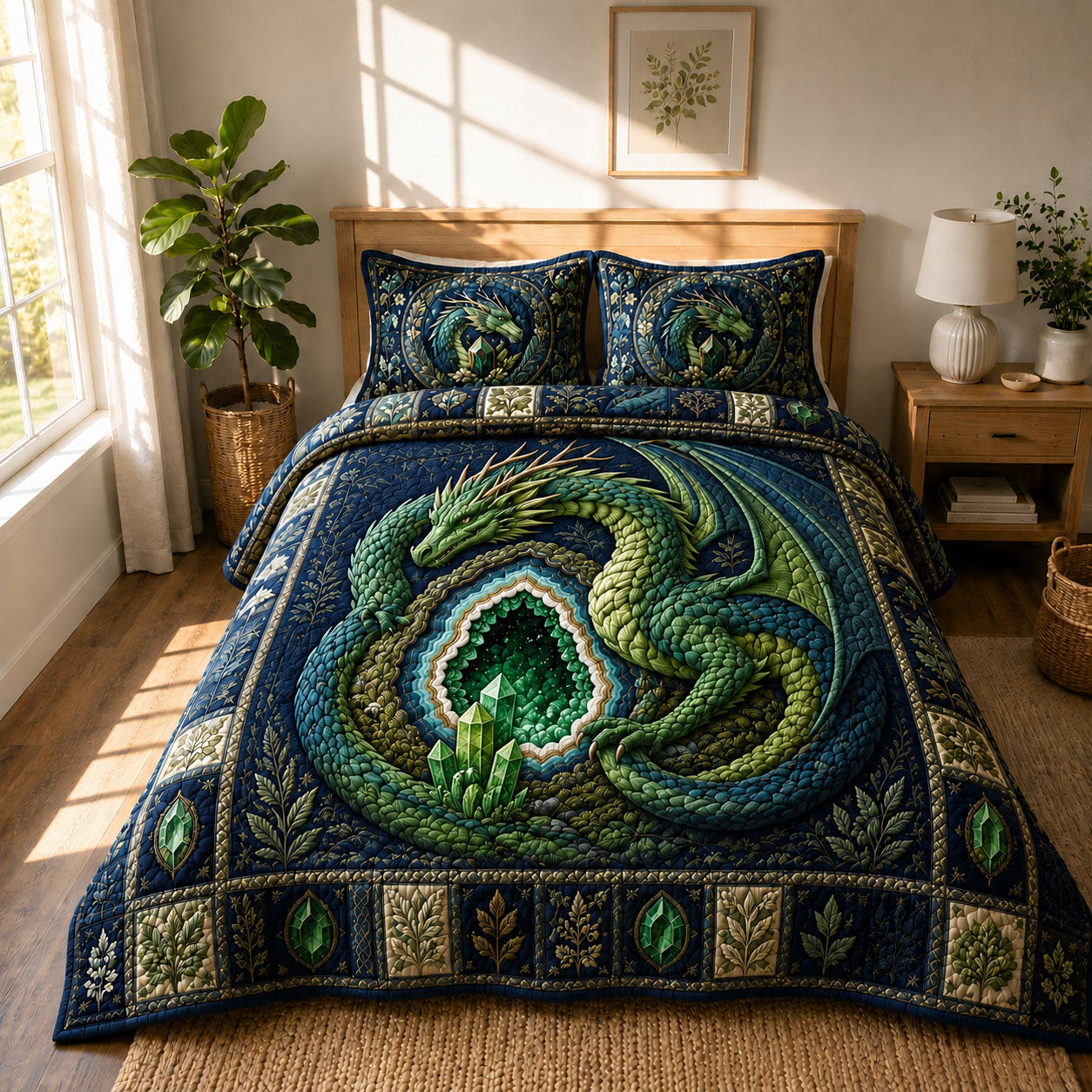 Malachite Emerald Geode Dragon 3-Piece Quilted Bedding Set GFTOHNL774