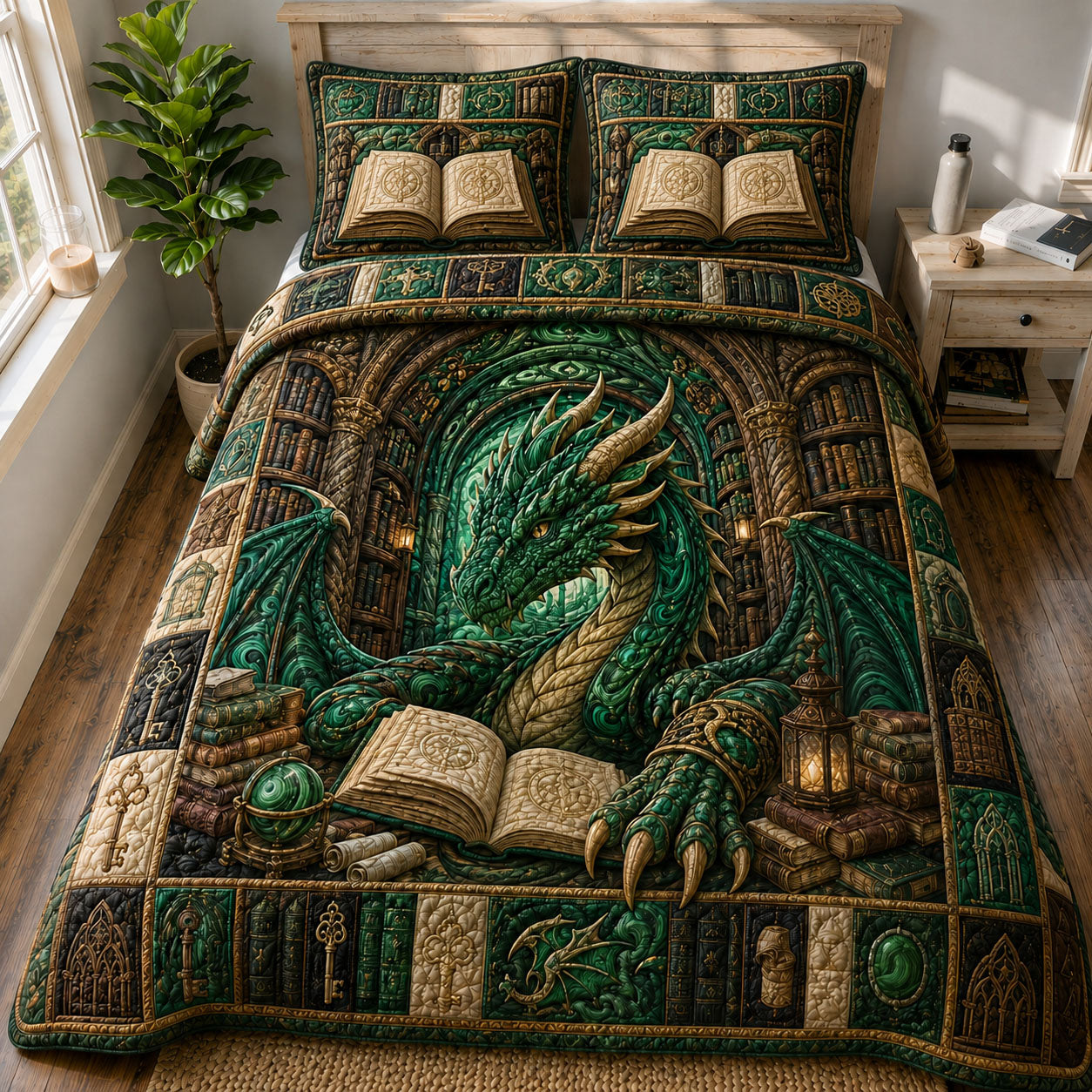 Malachite Arcane Scholar Dragon 3-Piece Quilted Bedding Set GFTOHNL775