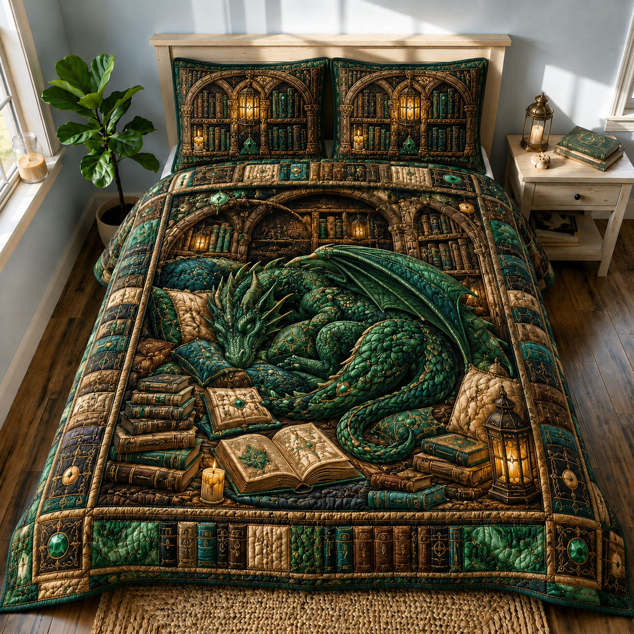 Malachite Enchanted Library Dragon 3-Piece Quilted Bedding Set GFTOHNL776