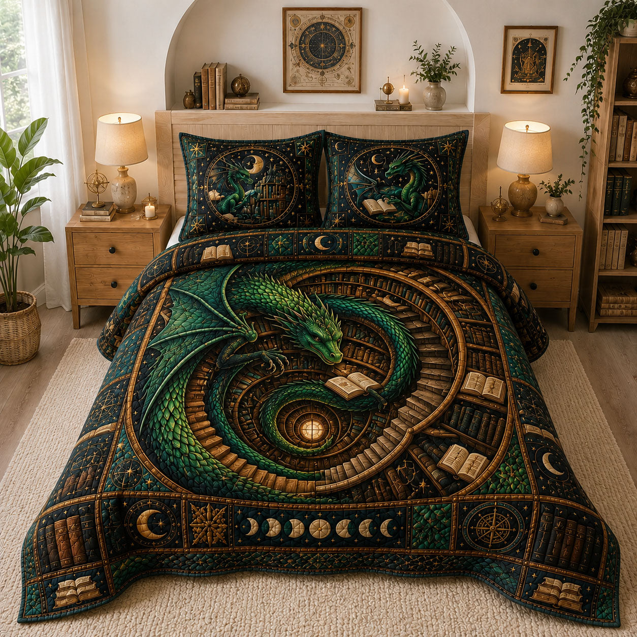 Malachite Celestial Archive Dragon 3-Piece Quilted Bedding Set GFTOHNL777