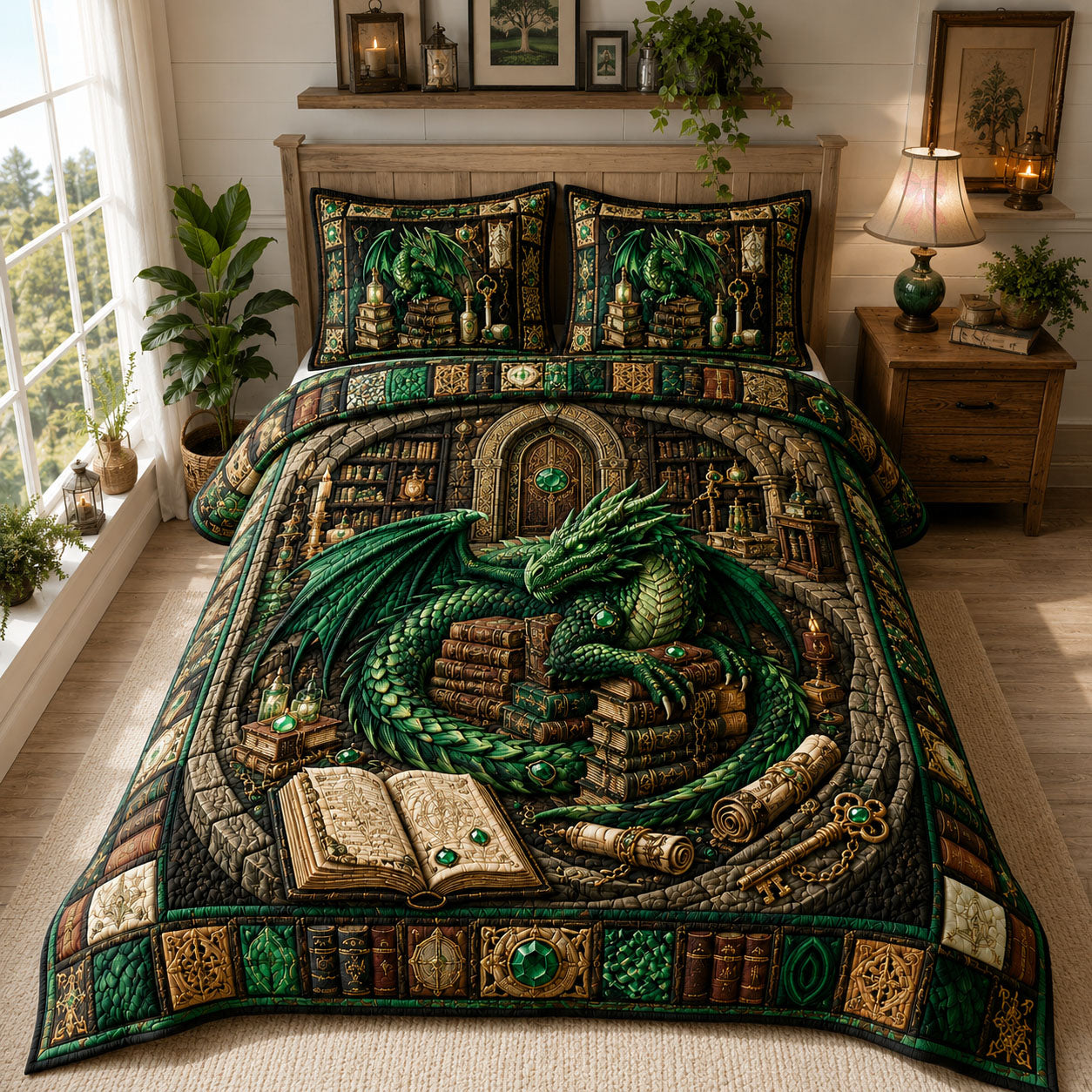 Malachite Grand Library Dragon 3-Piece Quilted Bedding Set GFTOHNL778