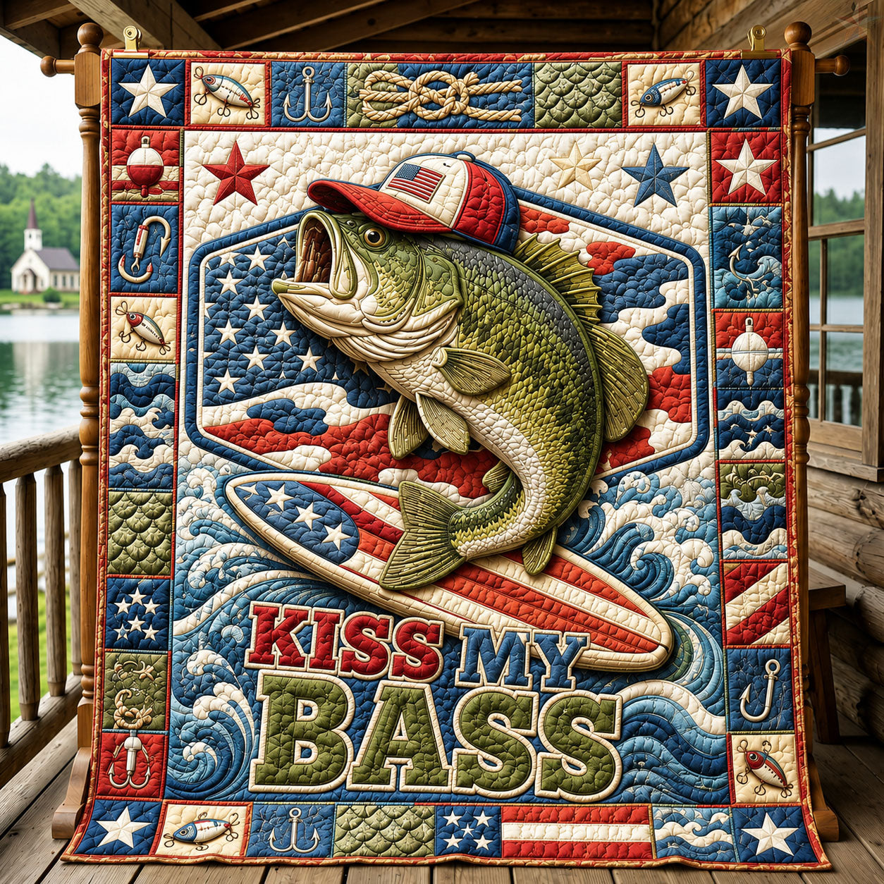 Patriotic Surfing Kiss My Bass Quilted Blanket GFTOHNL807