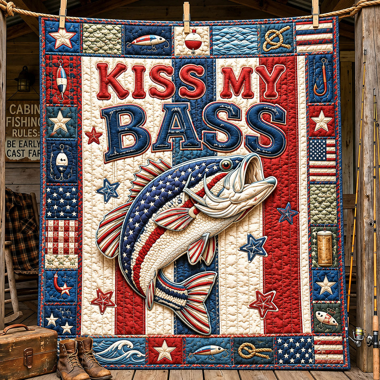 Americana Flag Kiss My Bass Quilted Blanket GFTOHNL808