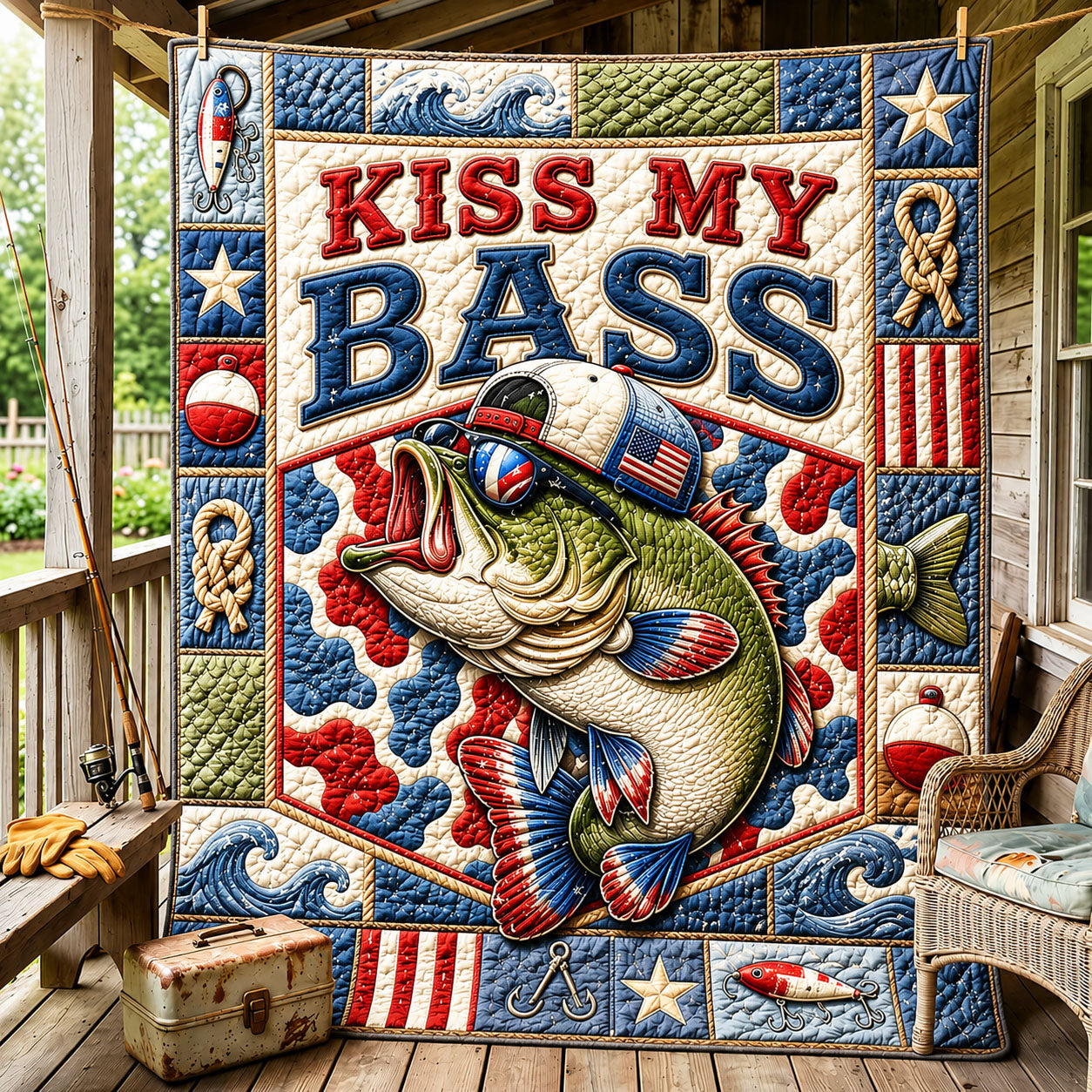 Patriotic Camo Kiss My Bass Quilted Blanket GFTOHNL810