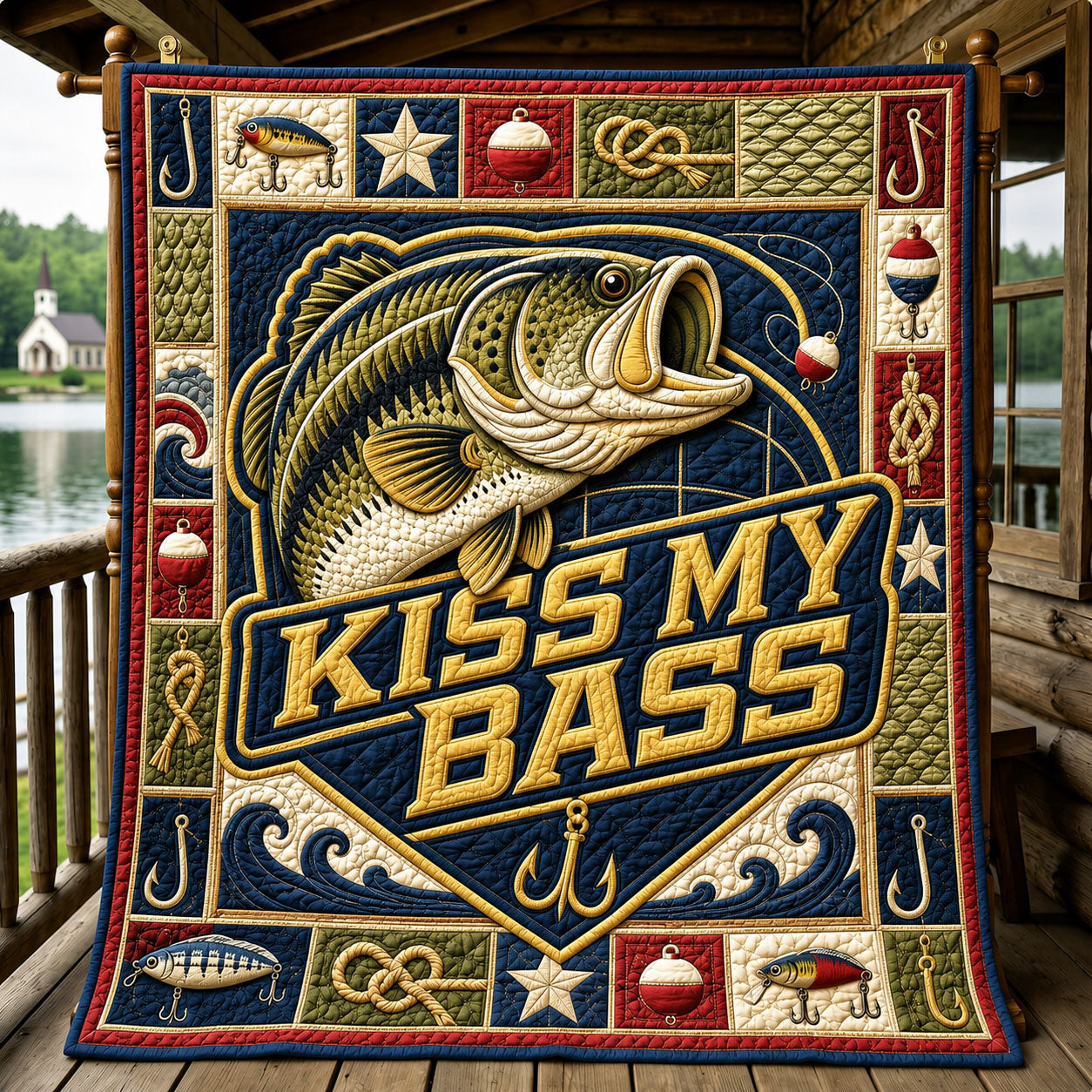 Vintage Angler Patriotic Kiss My Bass Quilted Blanket GFTOHNL812