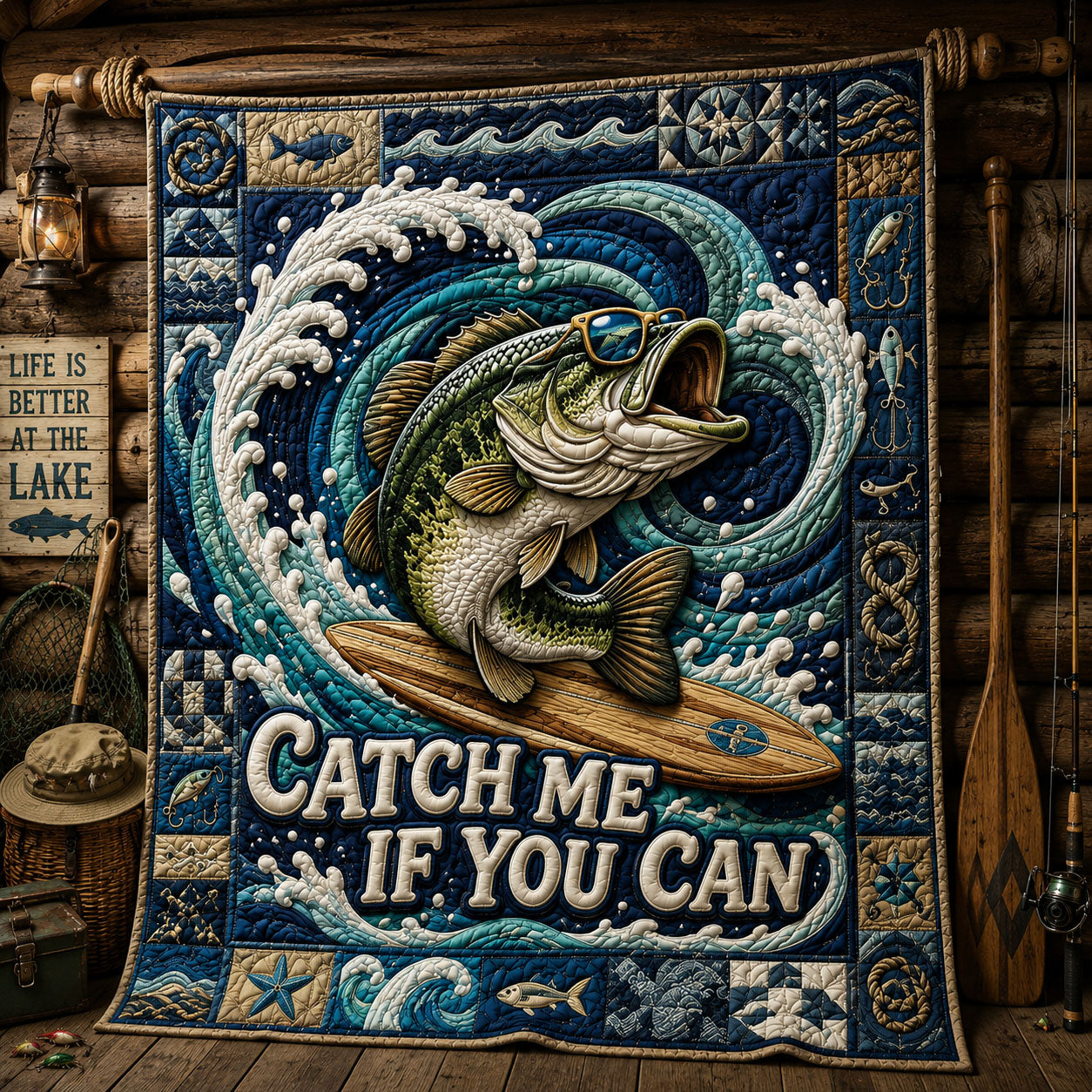 Surfing Bass Wave Catch Me If You Can Quilted Blanket GFTOHNL814