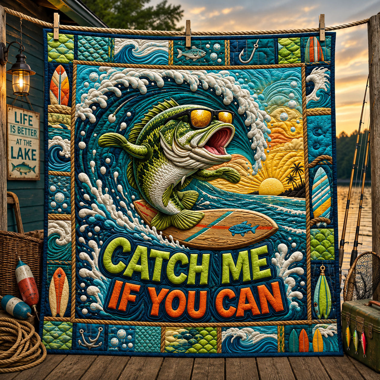 Sunset Surf Bass Catch Me If You Can Quilted Blanket GFTOHNL815