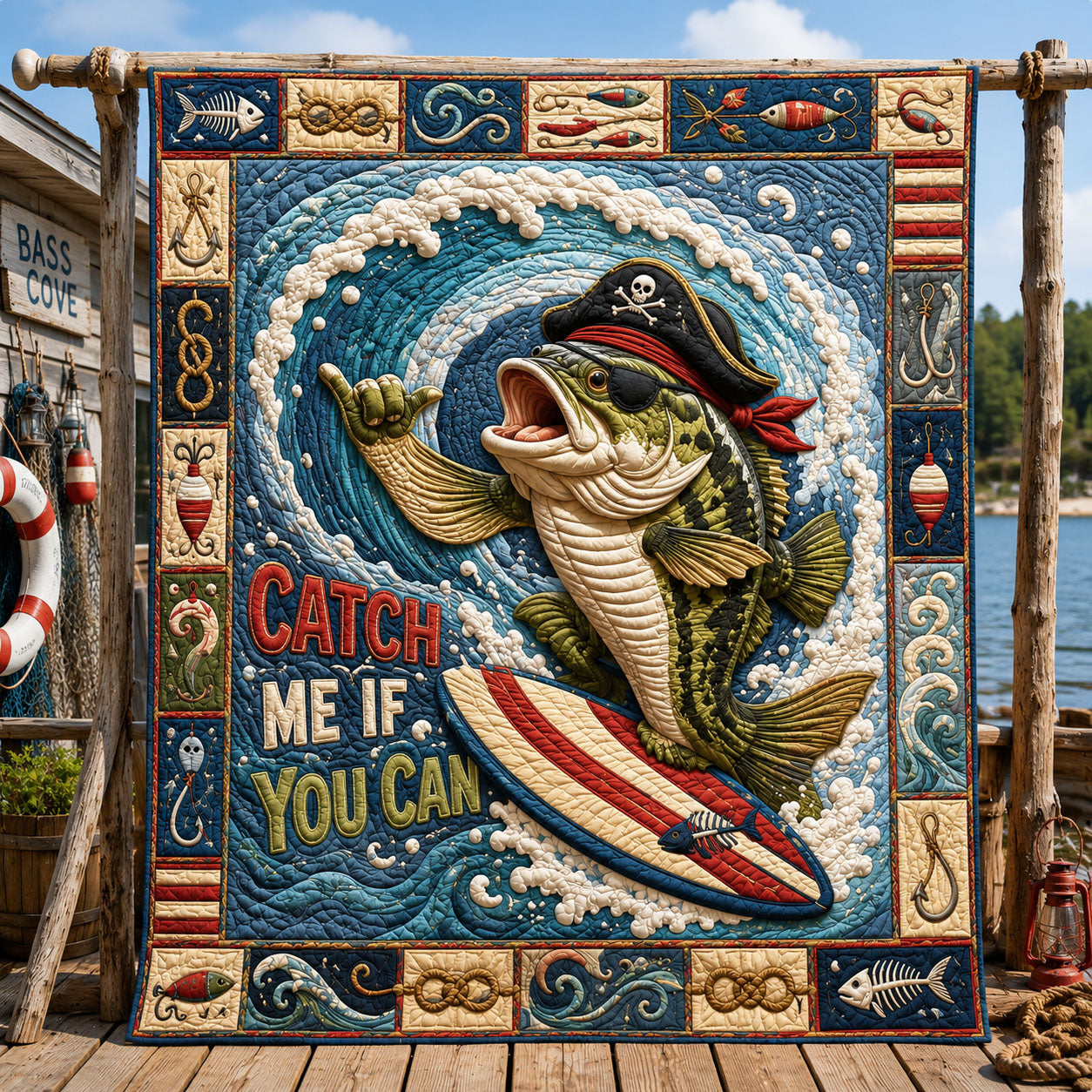 Pirate Bass Surfing Catch Me If You Can Quilted Blanket GFTOHNL816