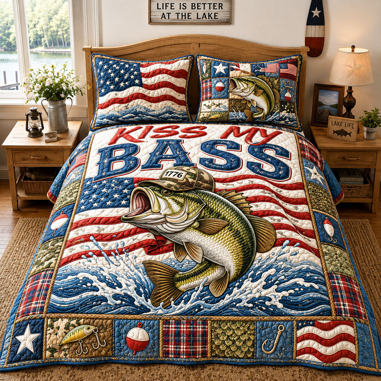 Patriotic Flag Kiss My Bass 3-Piece Quilted Bedding Set GFTOHNL821