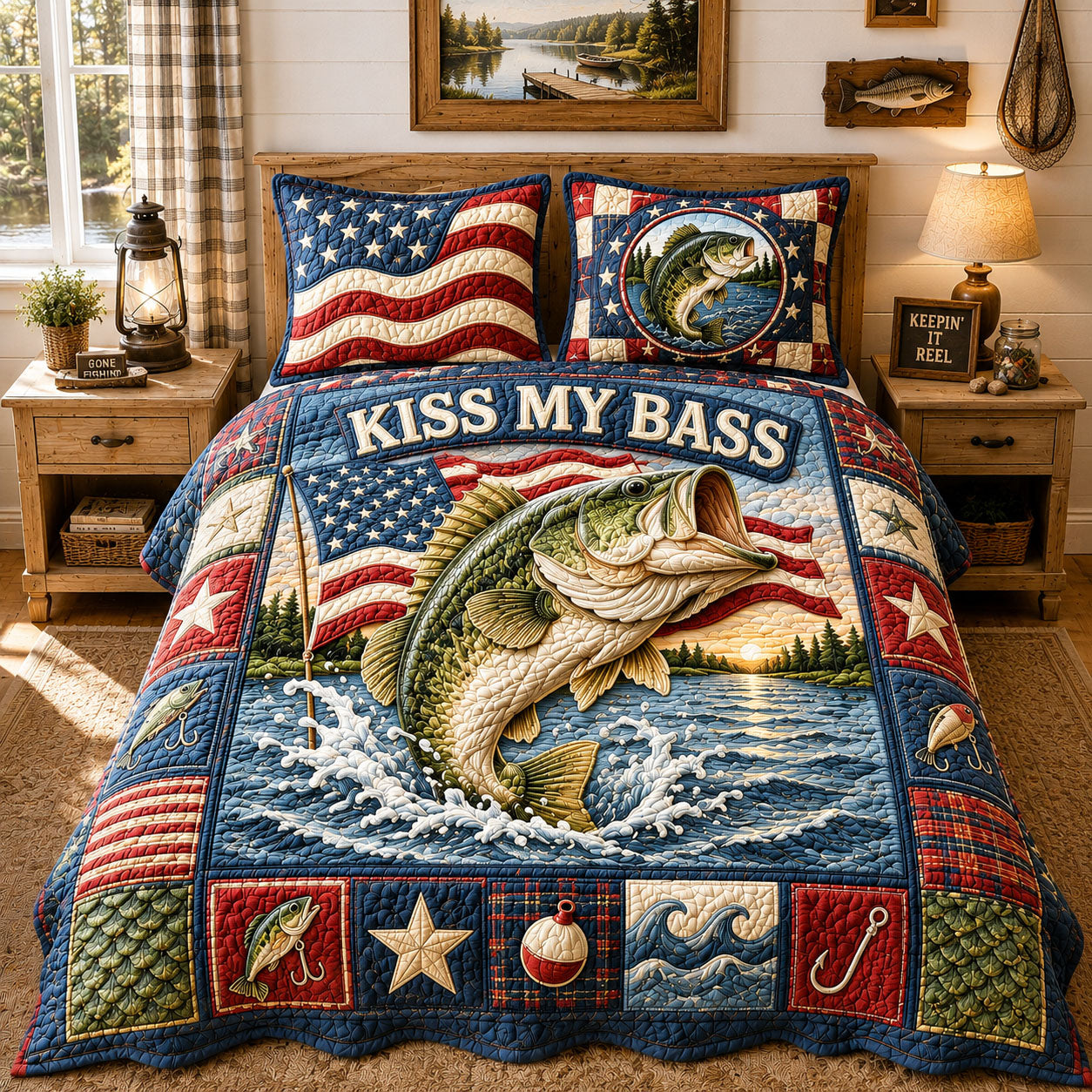Americana Lake Kiss My Bass 3-Piece Quilted Bedding Set GFTOHNL822